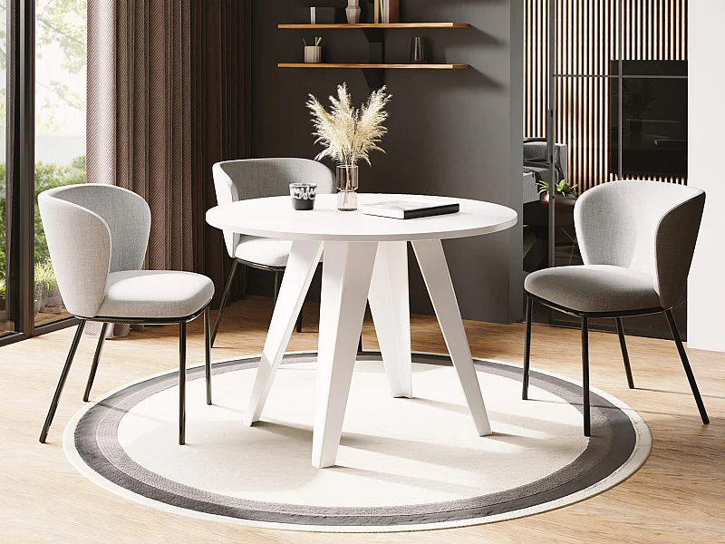 Table de salle à manger Ronde de style industriel - Moderne - Extensible de 90 cm à 130 cm - Pieds métalliques blancs - Compacte - Blanc