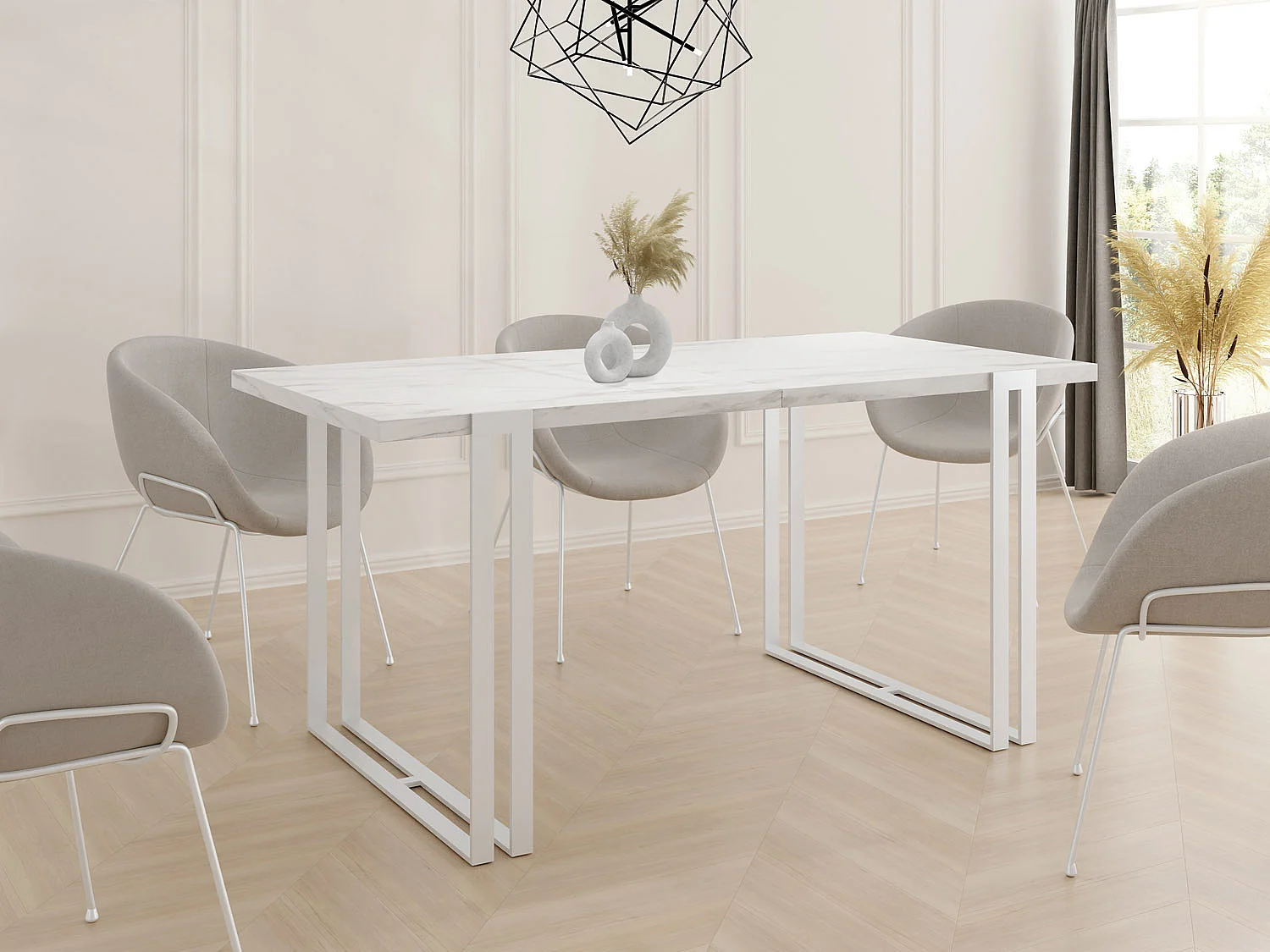 Ausziehbarer Esstisch - Großer Tisch im Loft-Stil mit Weißen Metallbeinen 120 bis 220 cm - Industrietisch für das Wohnzimmer - Marmor Weiß- 120 x 80 cm