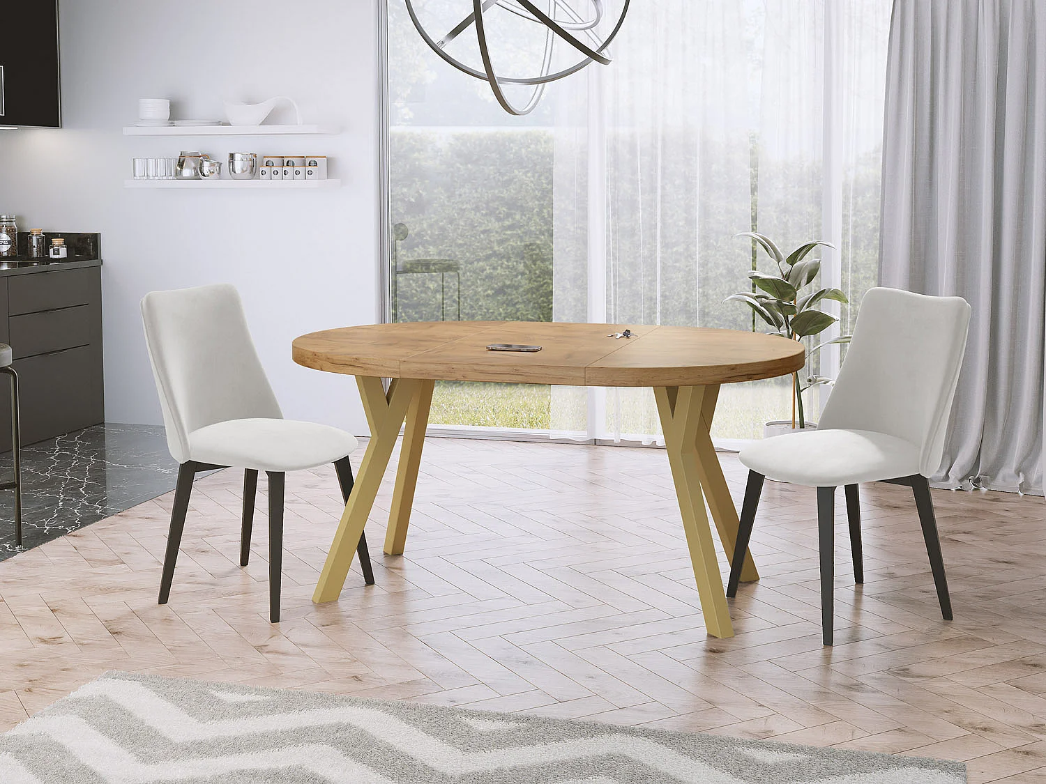 Designer Runder Ausziehbarer Esstisch - Loft-Stil, Platzsparend - Goldene Beine - 100 bis 150 cm - für 6-8 Personen - Hergestellt in EU - Wotan Eiche - 150 cm