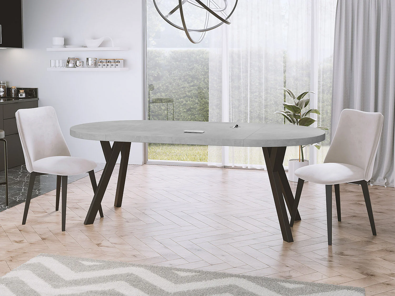 Designer Runder Ausziehbarer Esstisch - Loft-Stil, Platzsparend - Schwarze Beine - 100 bis 200cm - für 5-10 Personen - Hergestellt in EU - Beton Grau - 200 cm