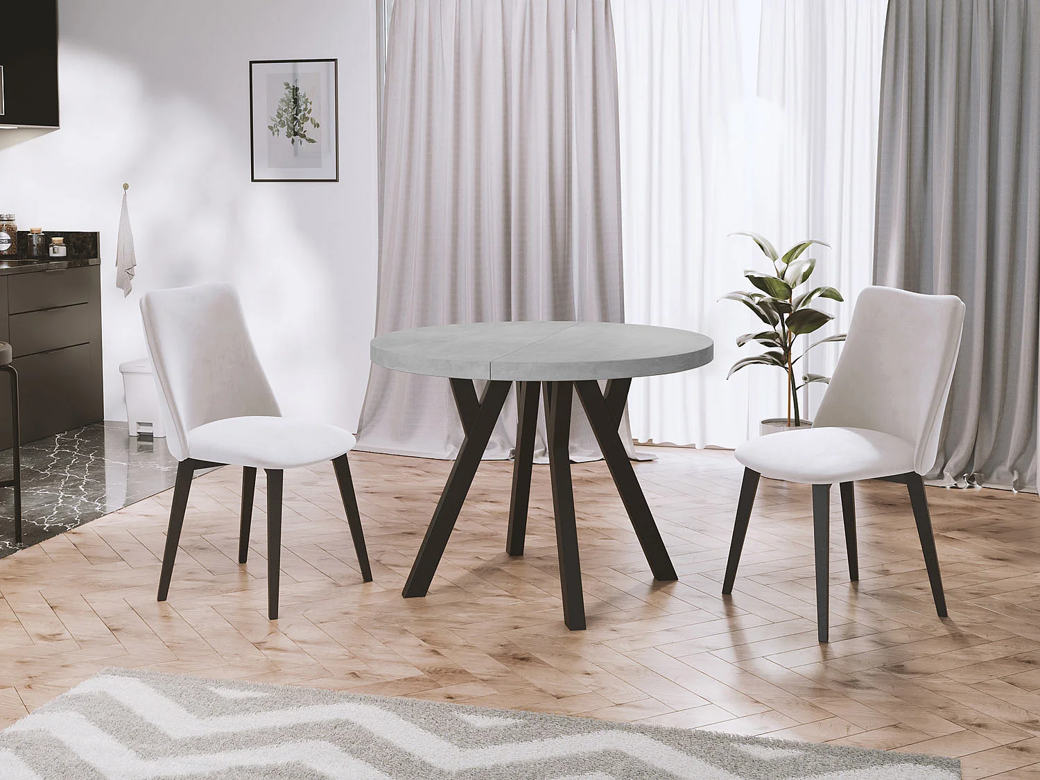 Designer Runder Ausziehbarer Esstisch - Loft-Stil, Platzsparend - Schwarze Beine - 100 bis 200cm - für 5-10 Personen - Hergestellt in EU - Beton Grau - 200 cm
