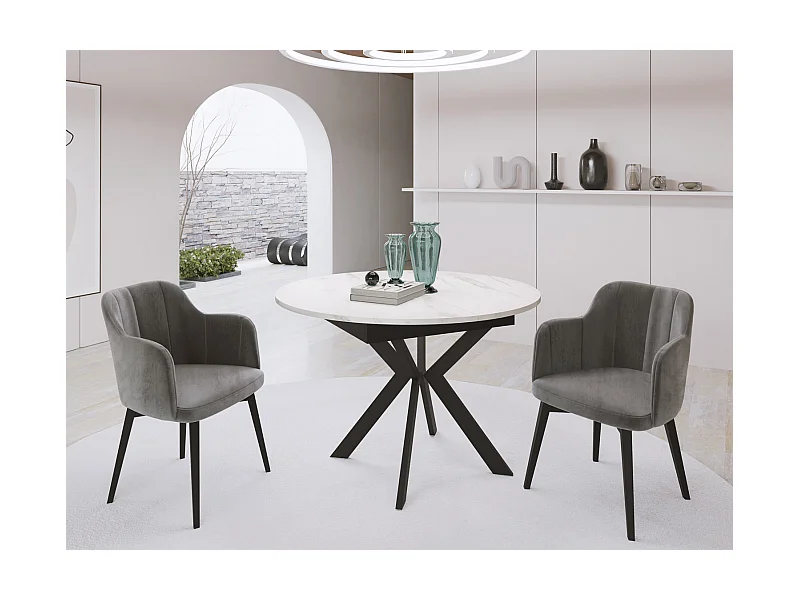 Table à Manger Extensible Ronde Avec Pieds en Métal Noir - Rangement Des Extensions à L'Intérieur - Table Style Industriel Pour Salon Séjour - 100 cm - Blanc Marbre