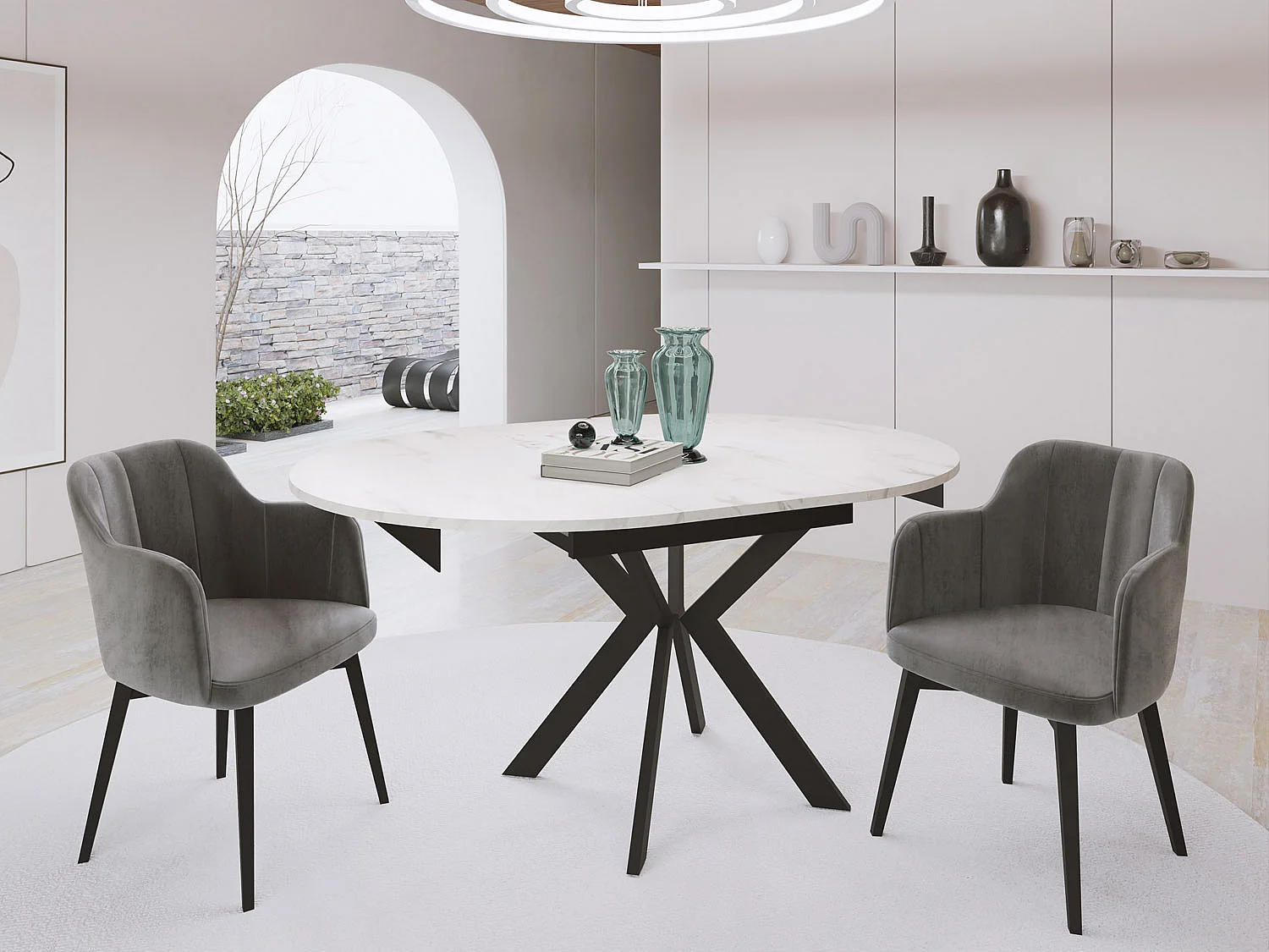 Runder Ausziehbarer Esstisch mit Schwarzen Metallbeinen - Aufbewahrung der Erweiterungsplatte im Inneren - Industrieller Tisch für Wohnzimmer 100 cm - Marmor Weiß