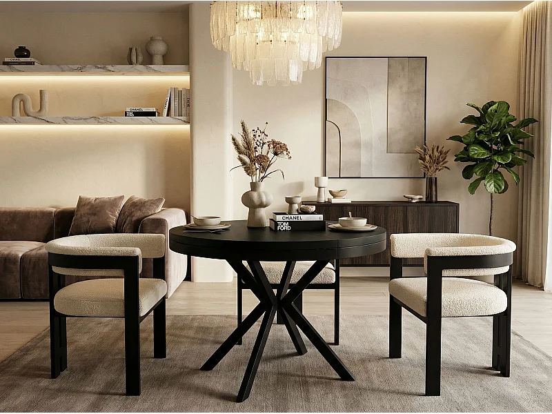 Table à Manger Extensible Ronde - Table Style Loft Avec Pieds en Métal - 100 à 180 cm - Table Ronde Style Industriel Pour le Salon - Noir - 100 cm