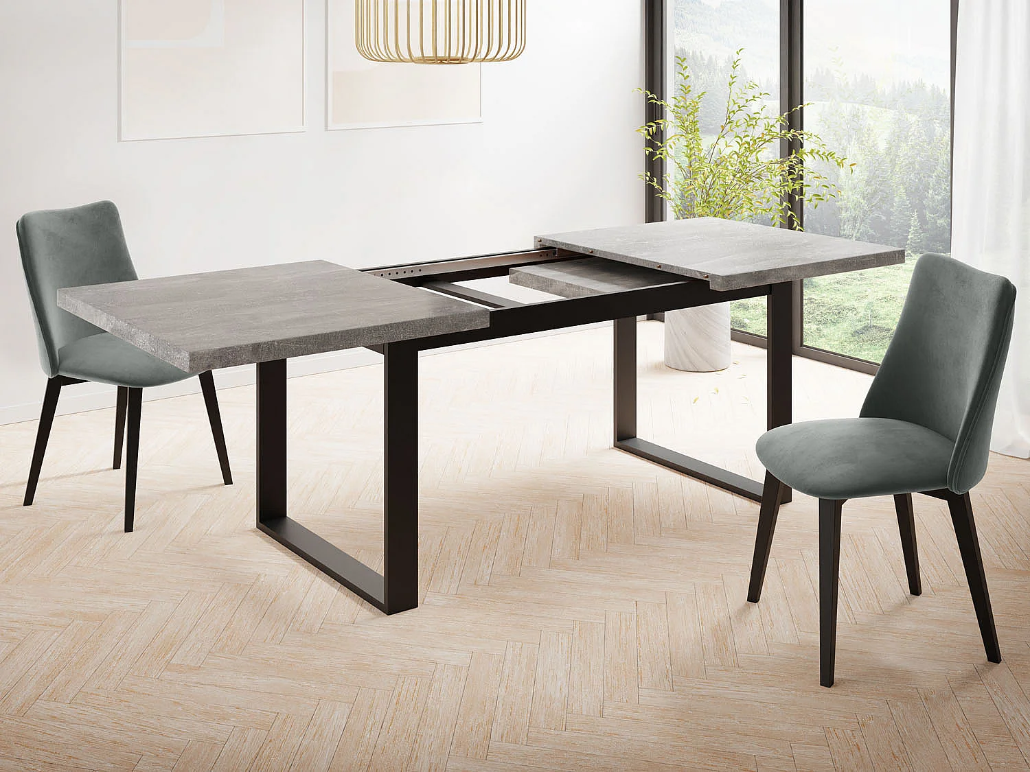 Ausziehbarer Rechteckiger Esstisch im Loft-Stil mit Schwarzen Metallbeinen – Tisch für Wohnzimmer – Ausziehbar von 140 cm auf 180 cm – Made in EU – Grauer Beton