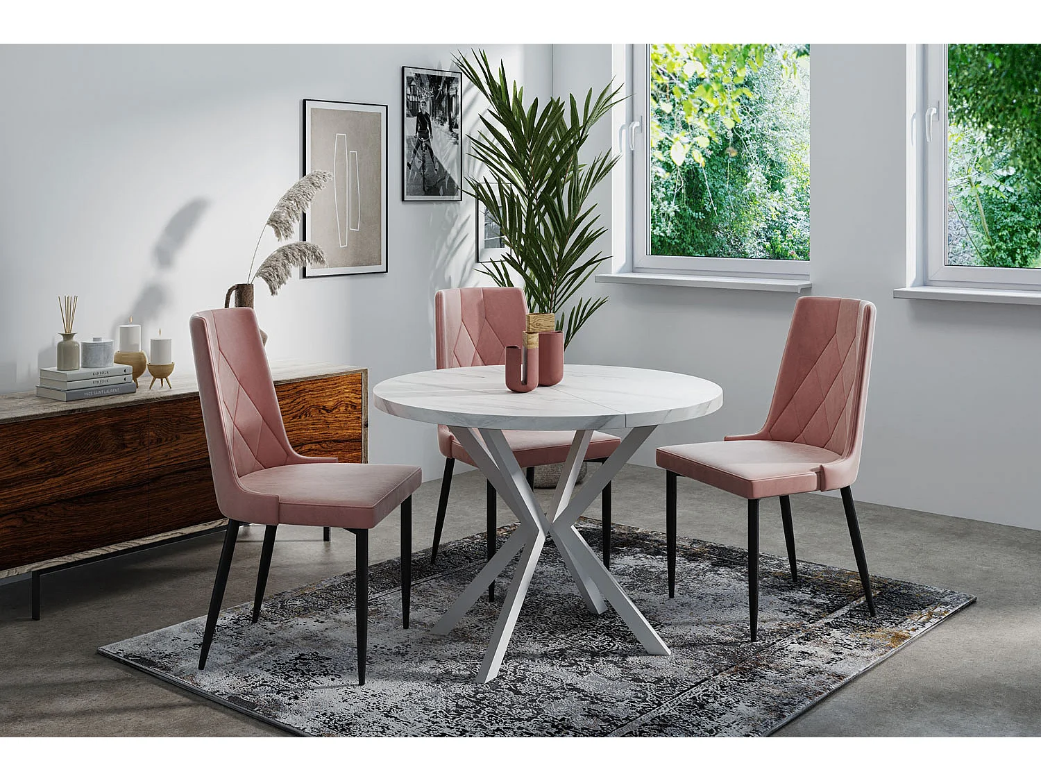 Runder Ausziehbarer Esstisch für 6-10 Personen - Loft Style Tisch mit Weißen Metallbeinen - 90 bis 120 cm - Industrieller Tisch für Wohnzimmer - Marmor Weiß - 10...