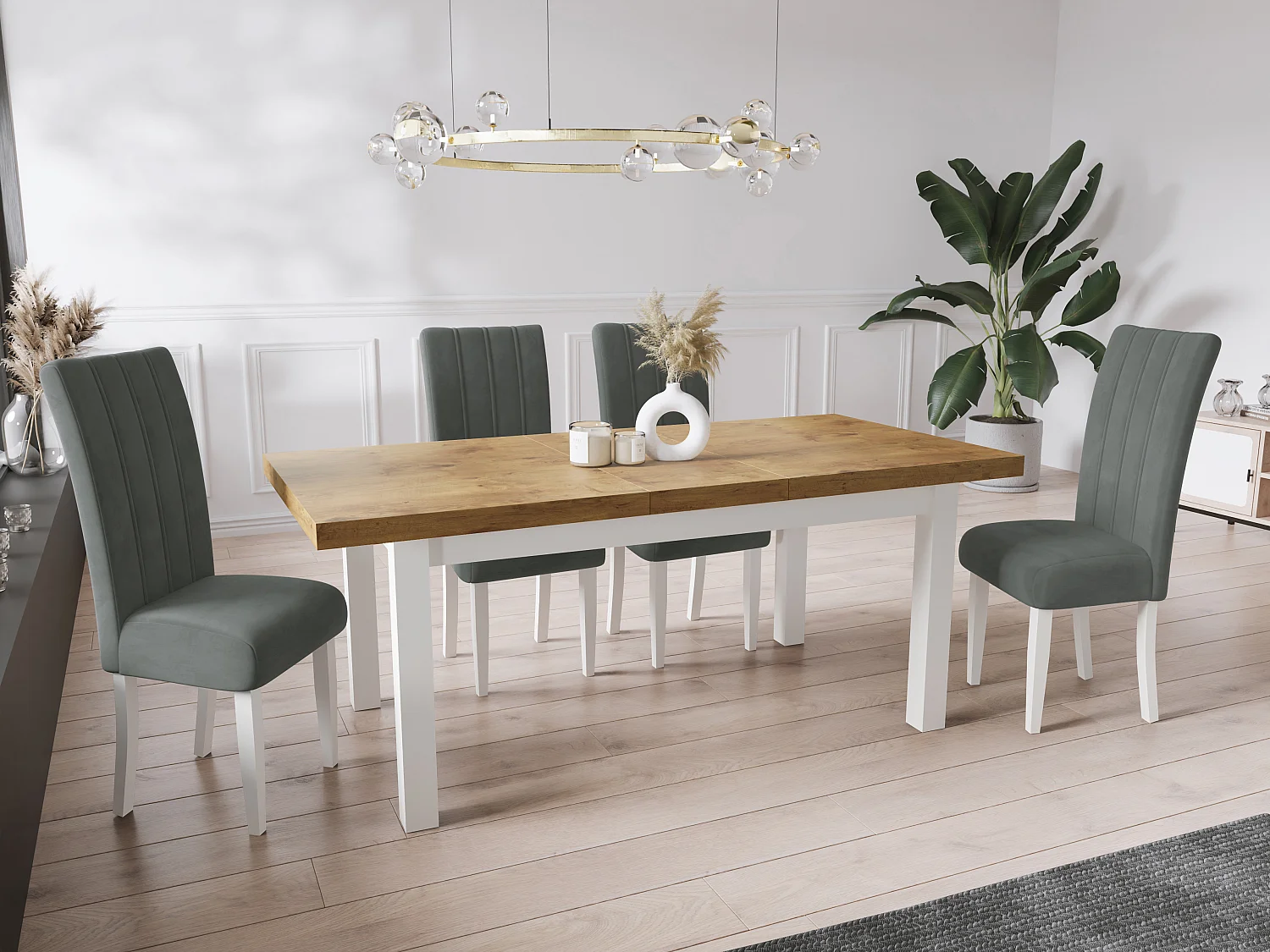 Moderner Rechteckiger Ausziehbarer Esstisch - Platzsparend - Weißen Holzbeine - 160 bis 210 cm - Hergestellt in EU - 160 x 90 cm - Lancelot Eiche