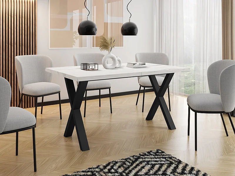 Rechteckiger Ausziehbarer Esstisch - Großer Modern-Stil Tisch mit Schwarzen Metallbeinen 120 140 160 cm bis 220 240 260 cm - 140 x 80 cm - Marmor Weiß