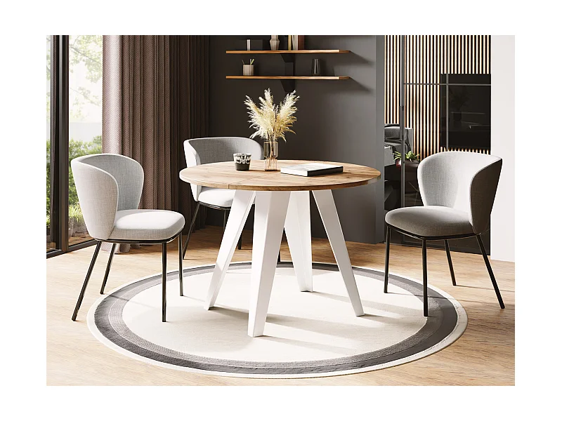 Esstisch Glory Weiß im Industriestil - Modern, Rund - Ausziehbar von 100 cm bis 140 cm, Pulverbeschichtete Metallbeine - Craft Eiche