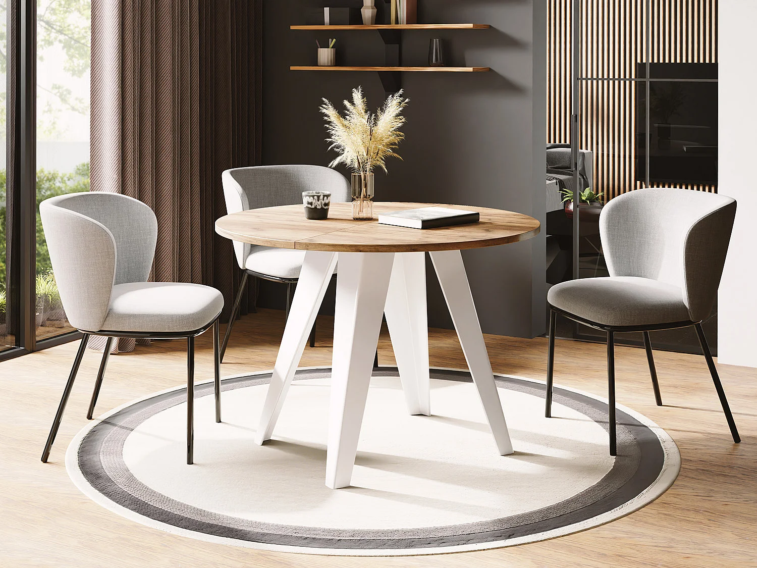 Esstisch Glory Weiß im Industriestil - Modern, Rund - Ausziehbar von 100 cm bis 140 cm, Pulverbeschichtete Metallbeine - Craft Eiche