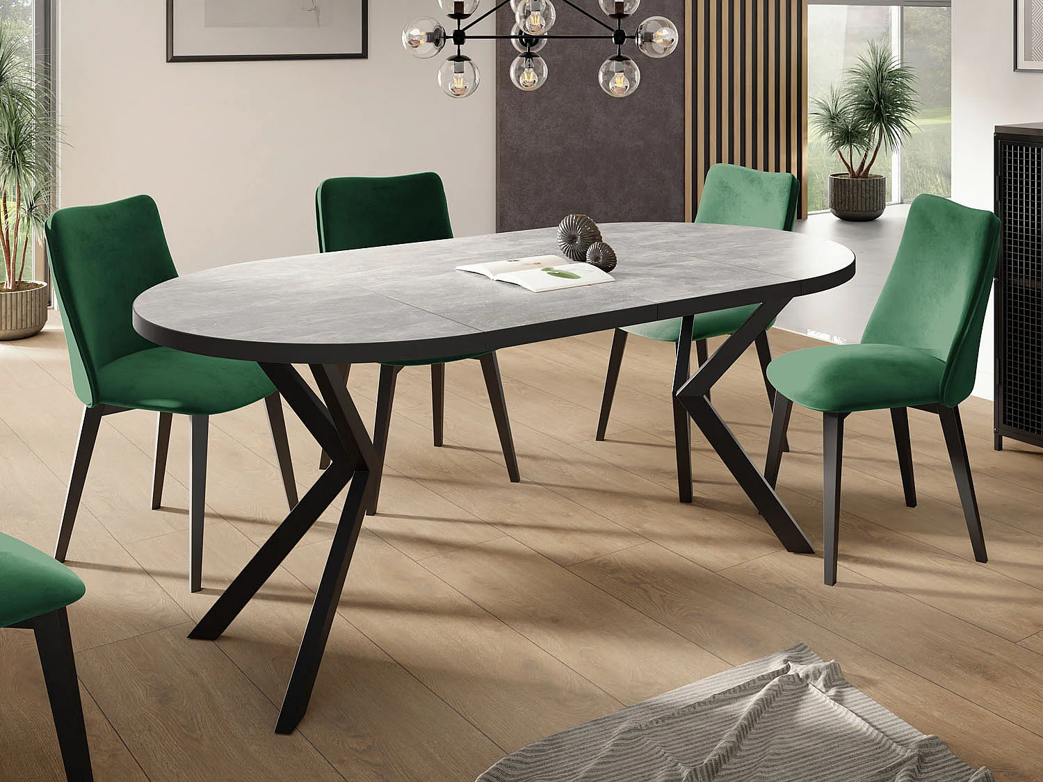 Runder Ausziehbar Tisch für das Esszimmer - Tischrand Schwarzes Dekor - 100 oder 120 cm - Ausziehbarer Tisch mit Schwarzen Metallbeinen - 100 cm - Beton Grau