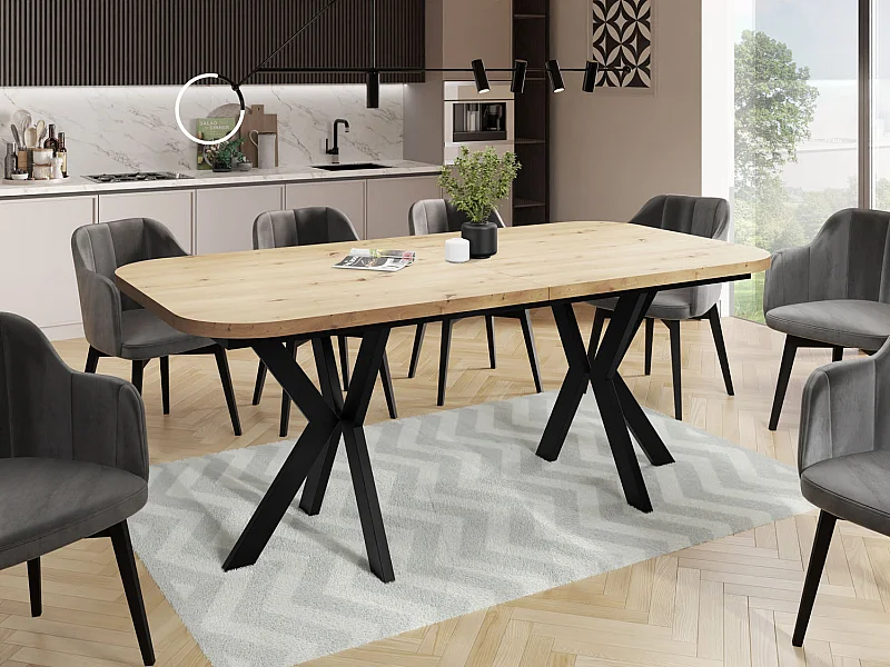 Ausziehbarer Esstisch im Modern-Stil - Rechteckiger Tisch mit Schwarzen Metallbeinen - Industrietisch mit Abgerundeten Ecken - 200 x 100 cm - Artisan Eiche