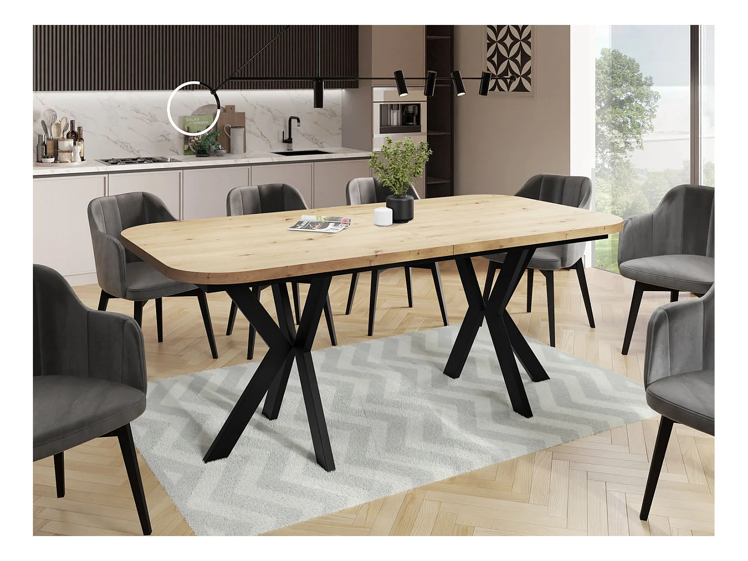 Table de Salle à Manger à Rallonges de Style Moderne - Table Rectangulaire avec Pieds en Métal Noir - Table Industrielle - 200 x 100 cm - Chêne Artisanal