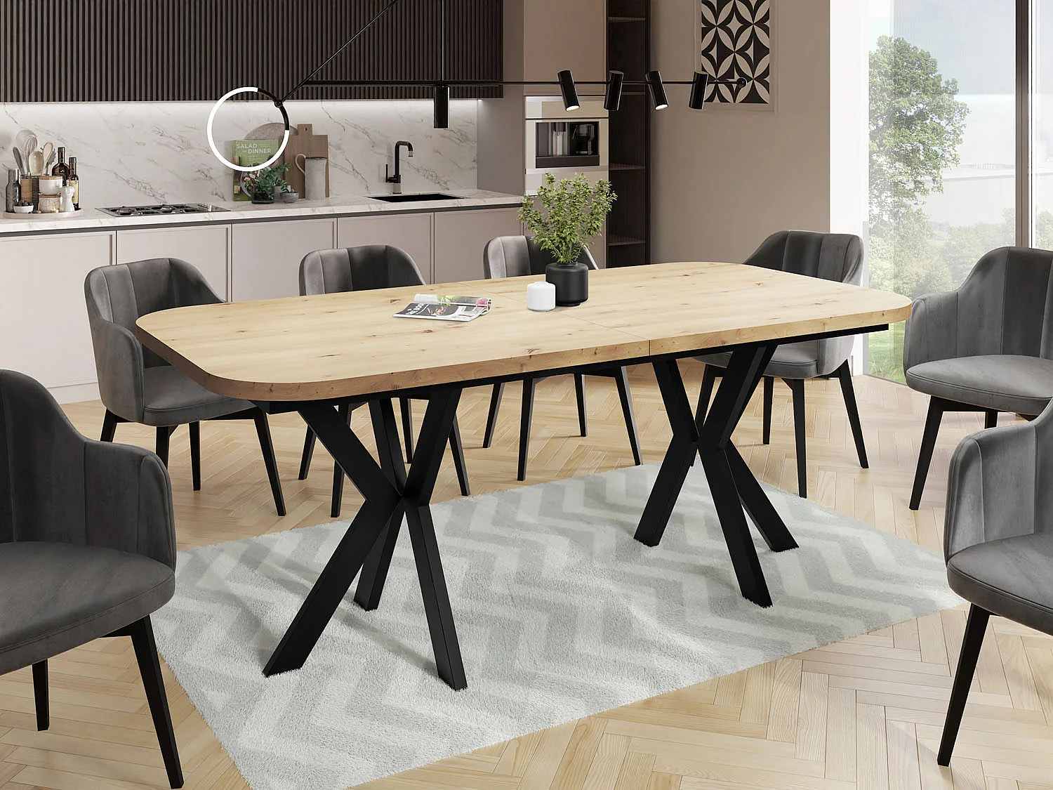 Table de Salle à Manger à Rallonges de Style Moderne - Table Rectangulaire avec Pieds en Métal Noir - Table Industrielle - 200 x 100 cm - Chêne Artisanal