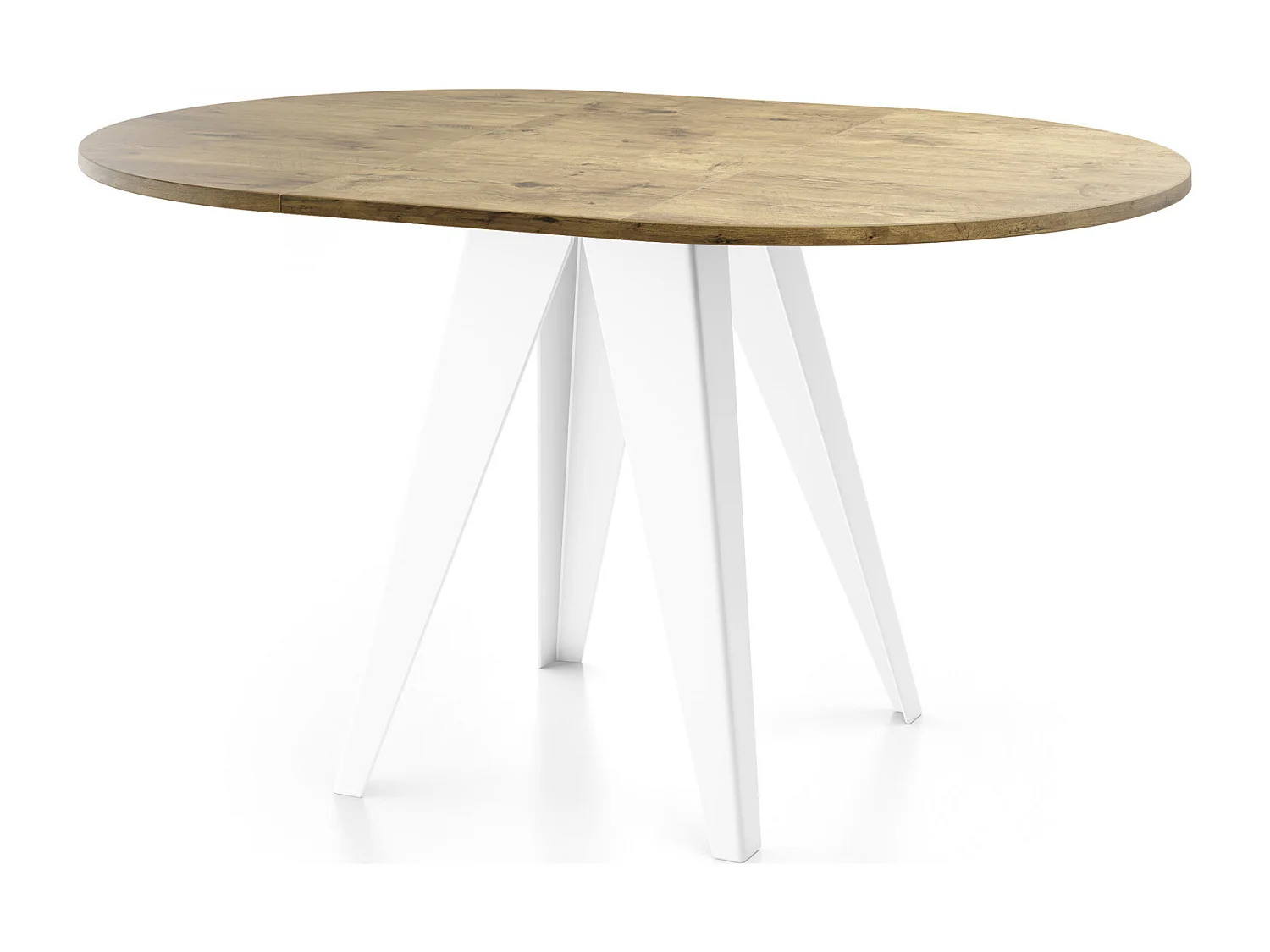 Table de salle à manger Ronde de style industriel - Moderne - Extensible de 90 cm à 130 cm - Pieds métalliques blancs - Compacte - Chêne Lancelot