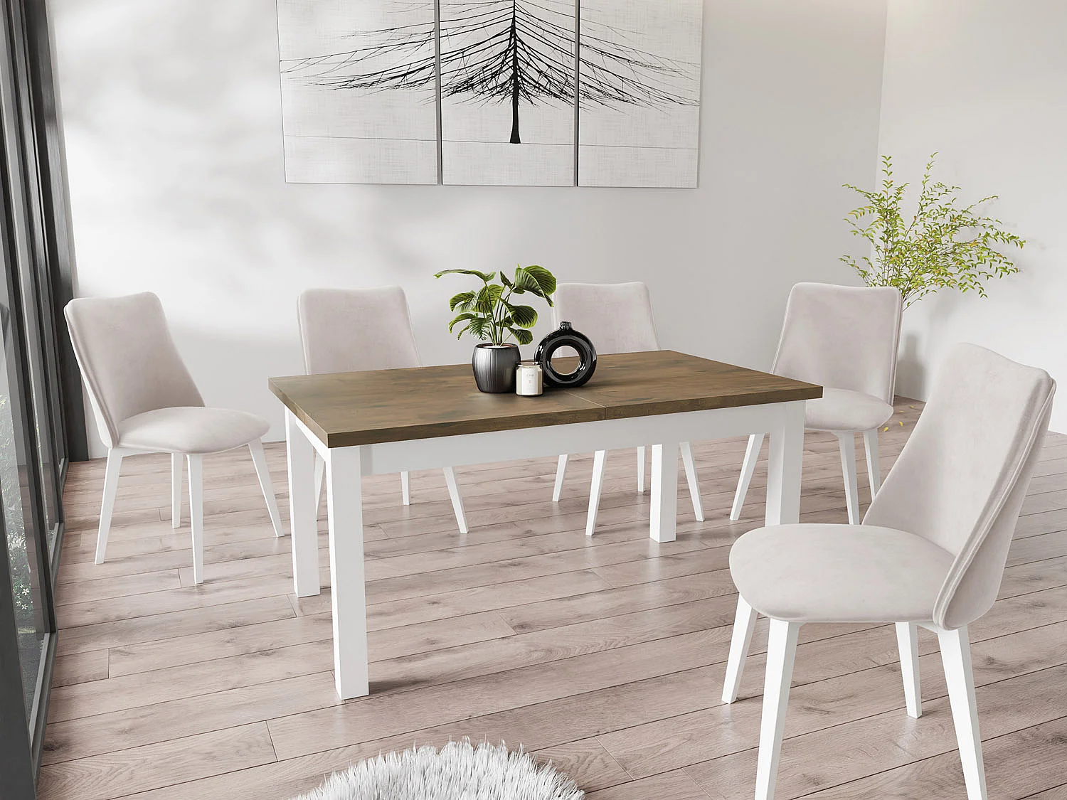 Moderner Rechteckiger Ausziehbarer Esstisch - Platzsparend - Weiße Holzbeine - 160 bis 200 cm - Hergestellt in EU - 160 x 80 cm - Lefkas Eiche