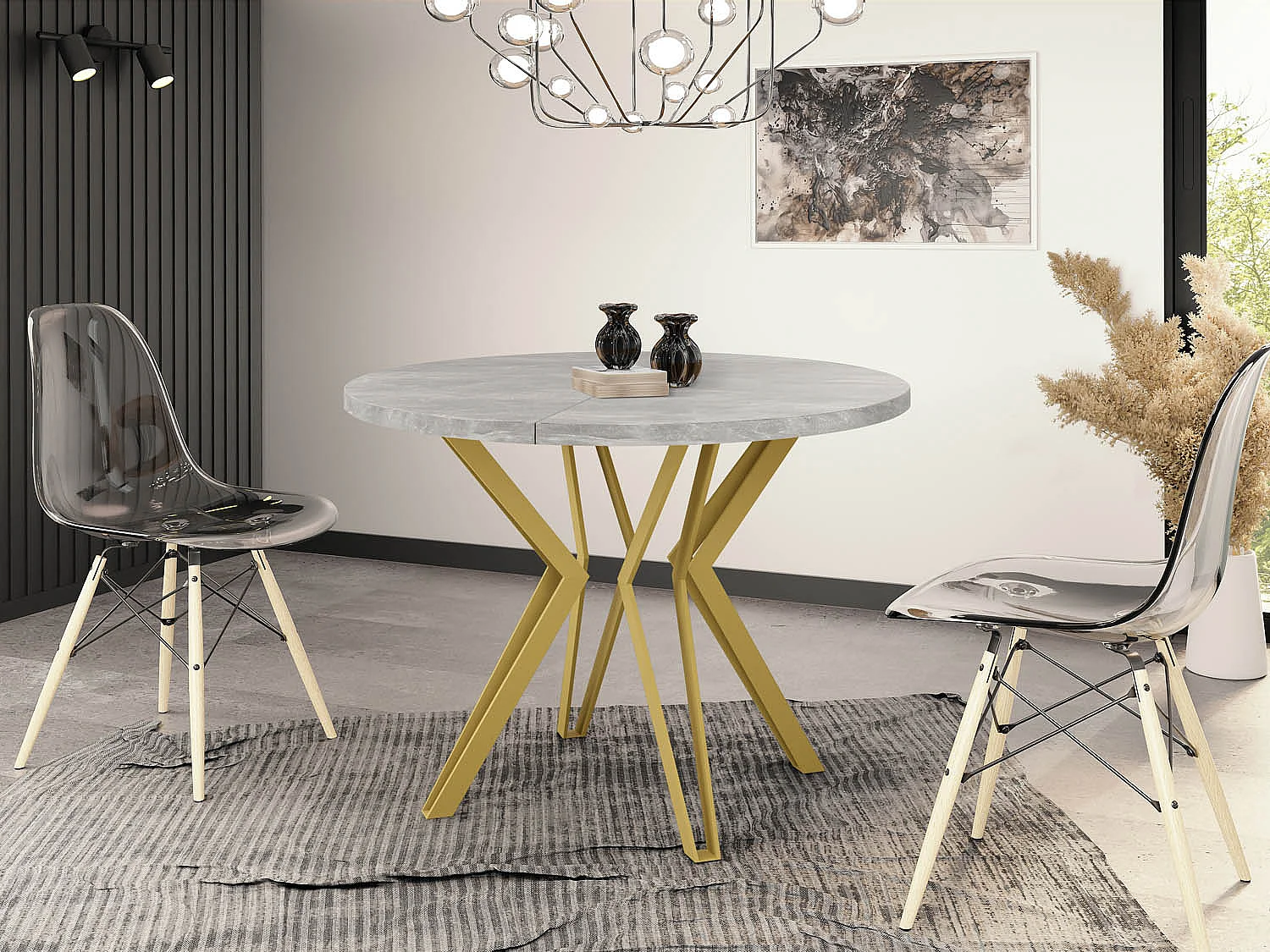 Runder Tisch für das Esszimmer - 100 oder 120 cm Durchmesser - Ausziehbarer Tisch mit Pulverbeschichteten Goldenen Metallbeinen - 120 cm - Beton Grau