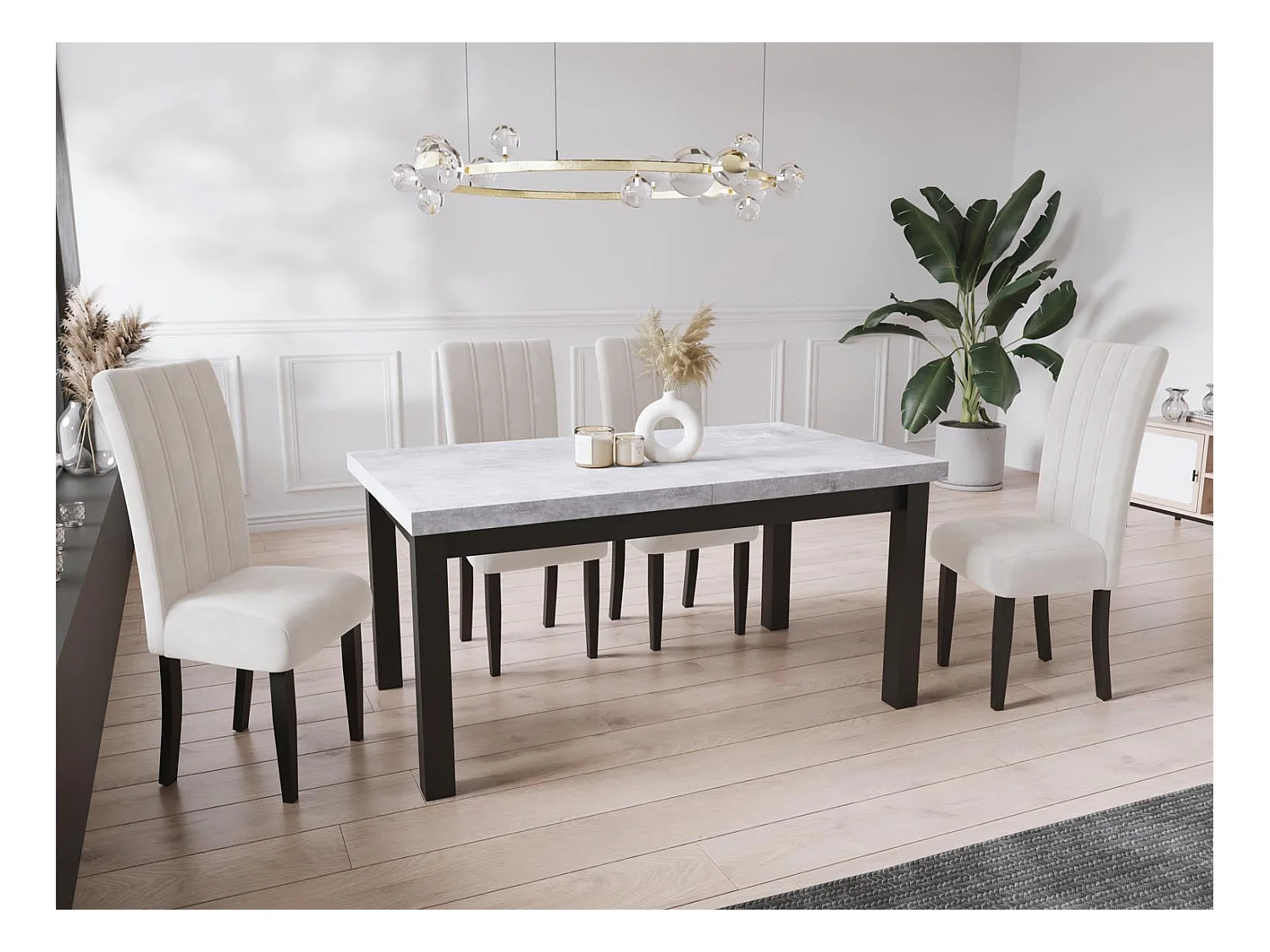 Moderner Rechteckiger Ausziehbarer Esstisch - Platzsparend - Schwarze Holzbeine - 160 bis 210 cm - Hergestellt in EU - 160 x 90 cm - Grau Beton