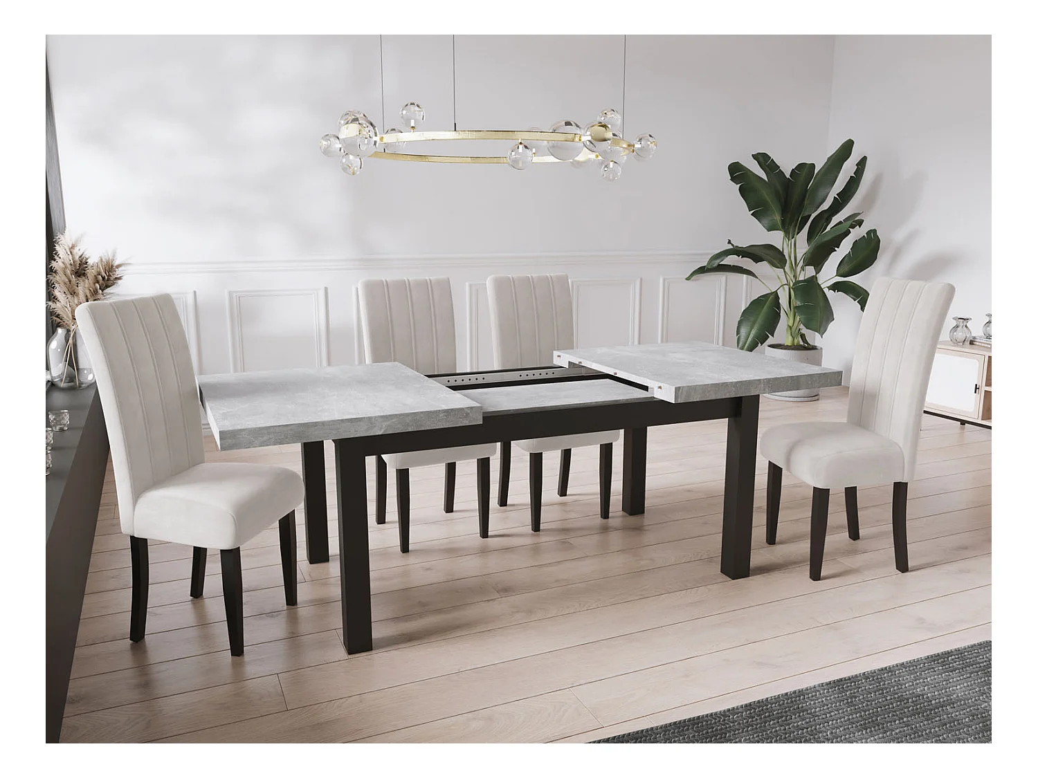 Moderner Rechteckiger Ausziehbarer Esstisch - Platzsparend - Schwarze Holzbeine - 160 bis 210 cm - Hergestellt in EU - 160 x 90 cm - Grau Beton