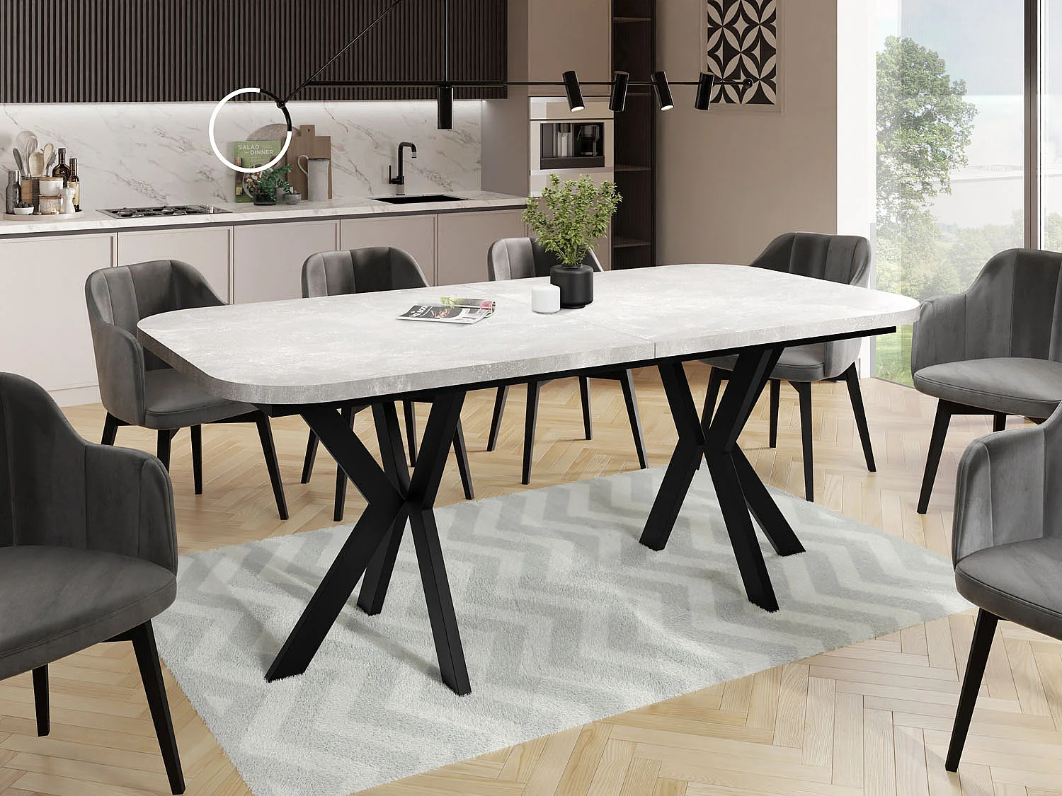 Table de Salle à Manger à Rallonges de Style Moderne - Table Rectangulaire avec Pieds en Métal Noir - Table Industrielle - 200 x 100 cm - Gris Béton