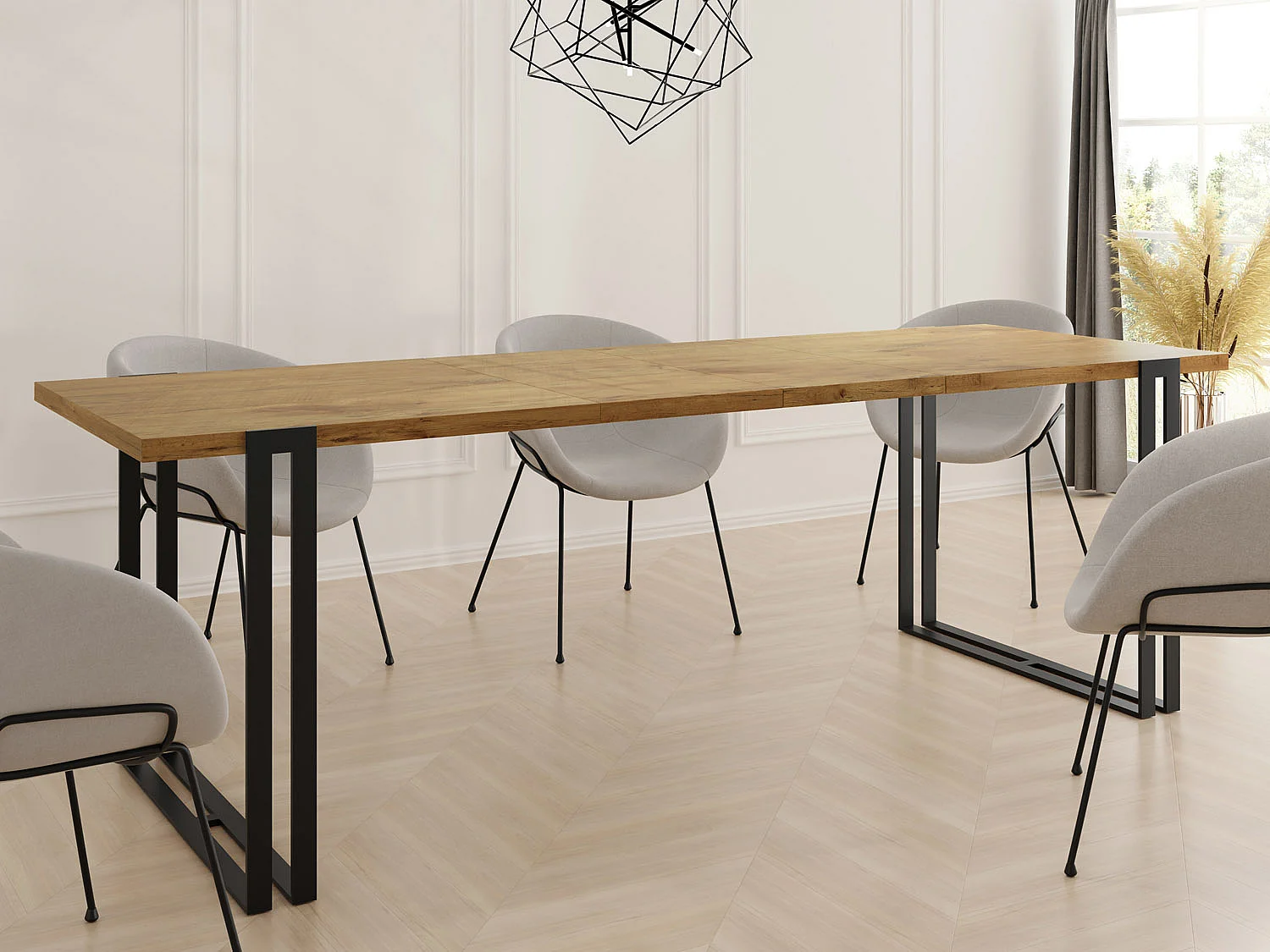 Ausziehbarer Esstisch - Großer Tisch im Loft-Stil mit Schwarze Metallbeinen 160 bis 260 cm - Industrietisch für das Wohnzimmer - Lancelot Eiche - 160 x 90 cm