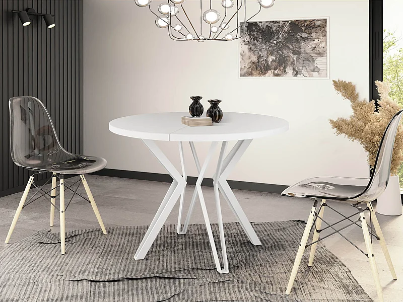 Runder Tisch für das Esszimmer - 100 oder 120 cm Durchmesser - Ausziehbarer Tisch mit Pulverbeschichteten Weißen Metallbeinen - 100 cm - Weiß