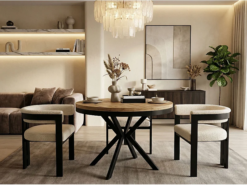 Runder Ausziehbarer Esstisch - Loft Style Tisch mit Metallbeinen - 100 bis 180 cm - Industrieller Tisch für Wohnzimmer - Kompakt - 100 cm - Craft Eiche