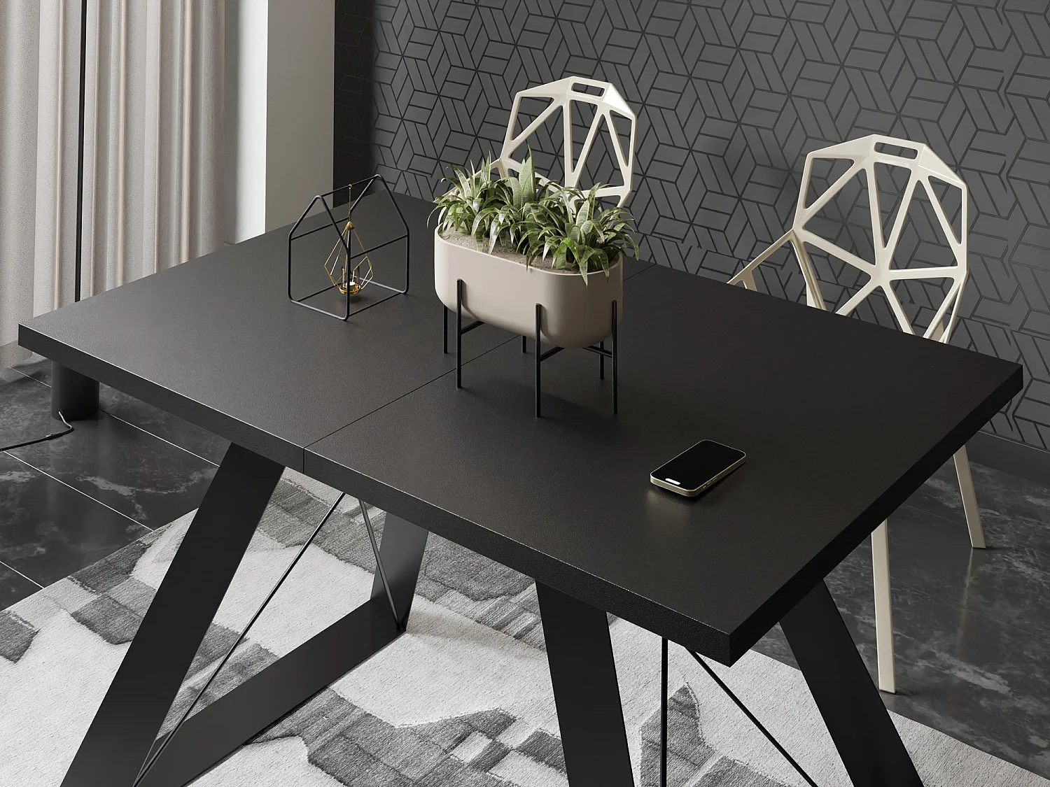 Esstisch Colter Schwarz im Modern Still, Rechteckig Tisch - Ausziehbar von 140 cm bis 240 cm, Pulverbeschichtete Weiße Metallbeine - 140 x 80 cm - Schwarz