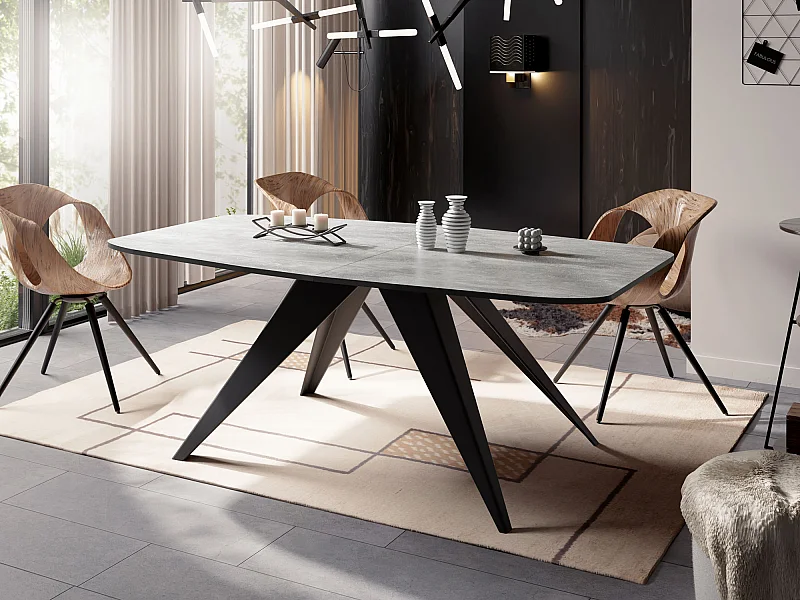 Ausziehbarer Esstisch im Loft-Stil - Industrieller Tisch mit Schwarzen Metallbeinen - Modernes Design für Wohnzimmer - 180 cm Ausziehbar auf 220 cm - Beton Grau