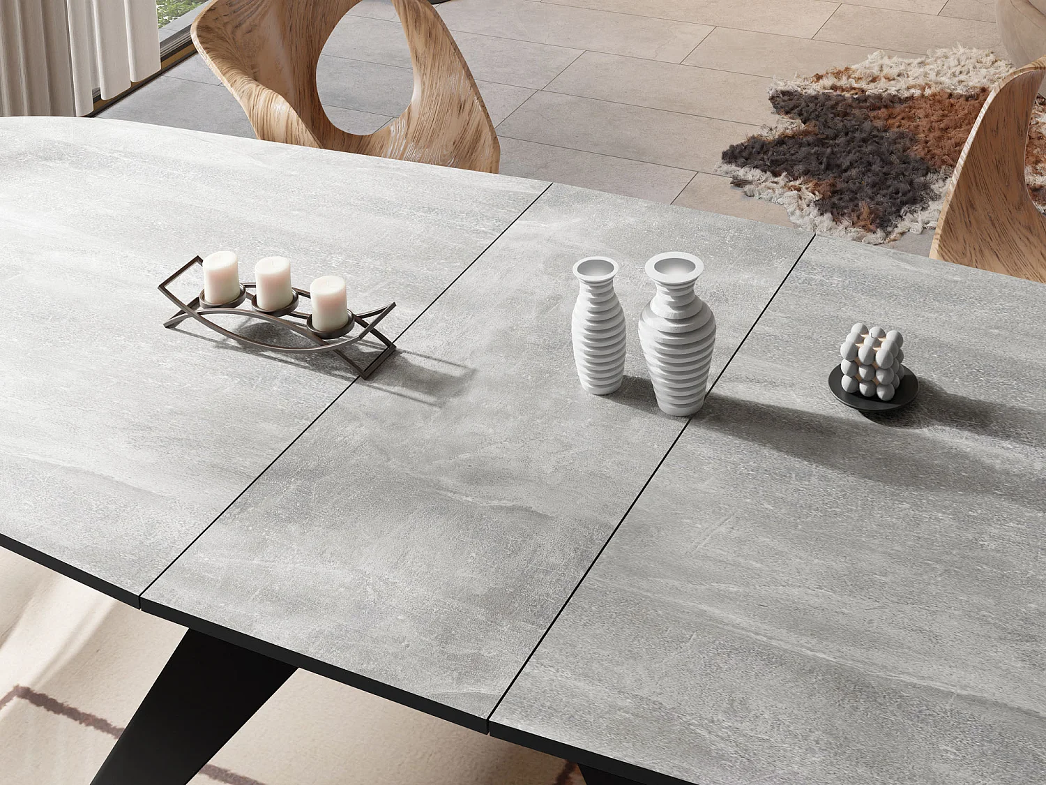 Ausziehbarer Esstisch im Loft-Stil - Industrieller Tisch mit Schwarzen Metallbeinen - Modernes Design für Wohnzimmer - 180 cm Ausziehbar auf 220 cm - Beton Grau