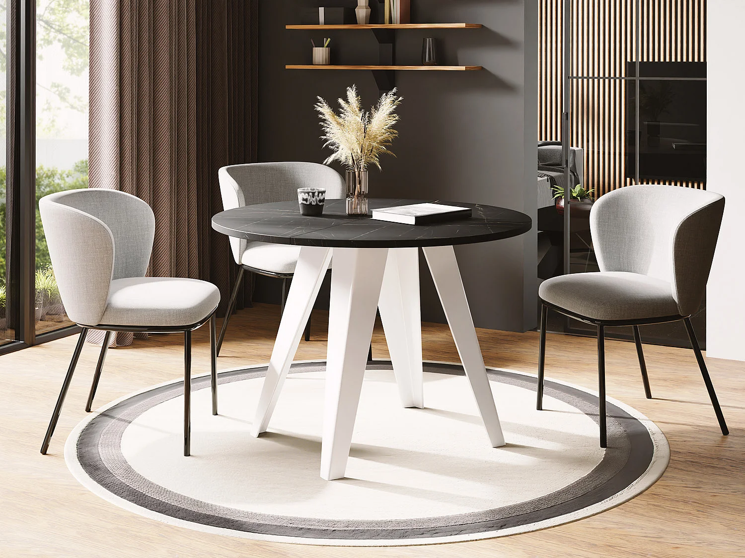 Esstisch Glory Weiß im Industriestil - Modern Rund - Ausziehbar von 100 cm bis 140 cm, Pulverbeschichtete Metallbeine - Marmor Schwarz