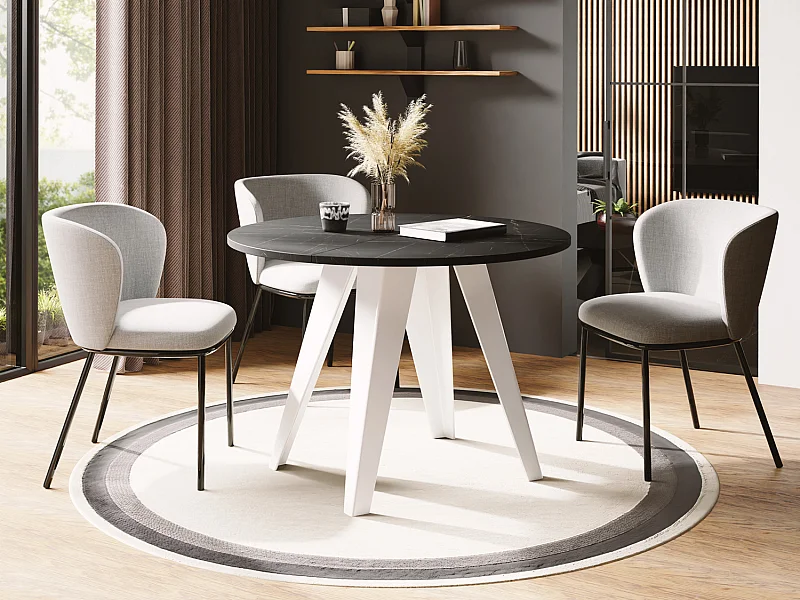 Table de salle à manger Ronde de style industriel - Moderne - Extensible de 100 cm à 140 cm - Pieds métalliques blancs - Compacte - Marbre Noir