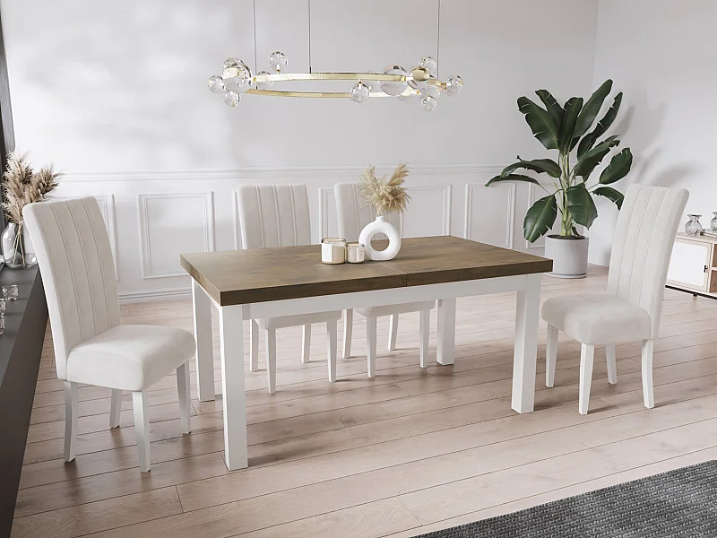 Moderner Rechteckiger Ausziehbarer Esstisch - Platzsparend - Weißen Holzbeine - 160 bis 210 cm - Hergestellt in EU - 160 x 90 cm - Lefkas Eiche