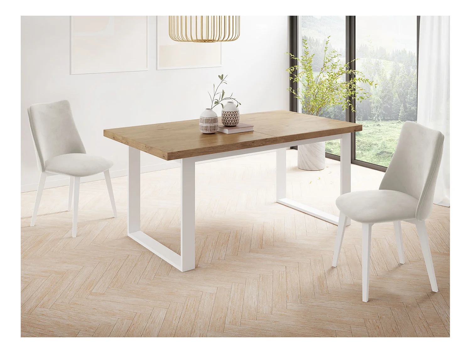 Rechteckiger Loft Esstisch Für Wohnzimmer - Loft Stil Esstisch Mit Weißen Metallfüßen - Ausziehbarer Esstisch von 160 cm bis 200 cm - Made in EU - Lancelot Eiche