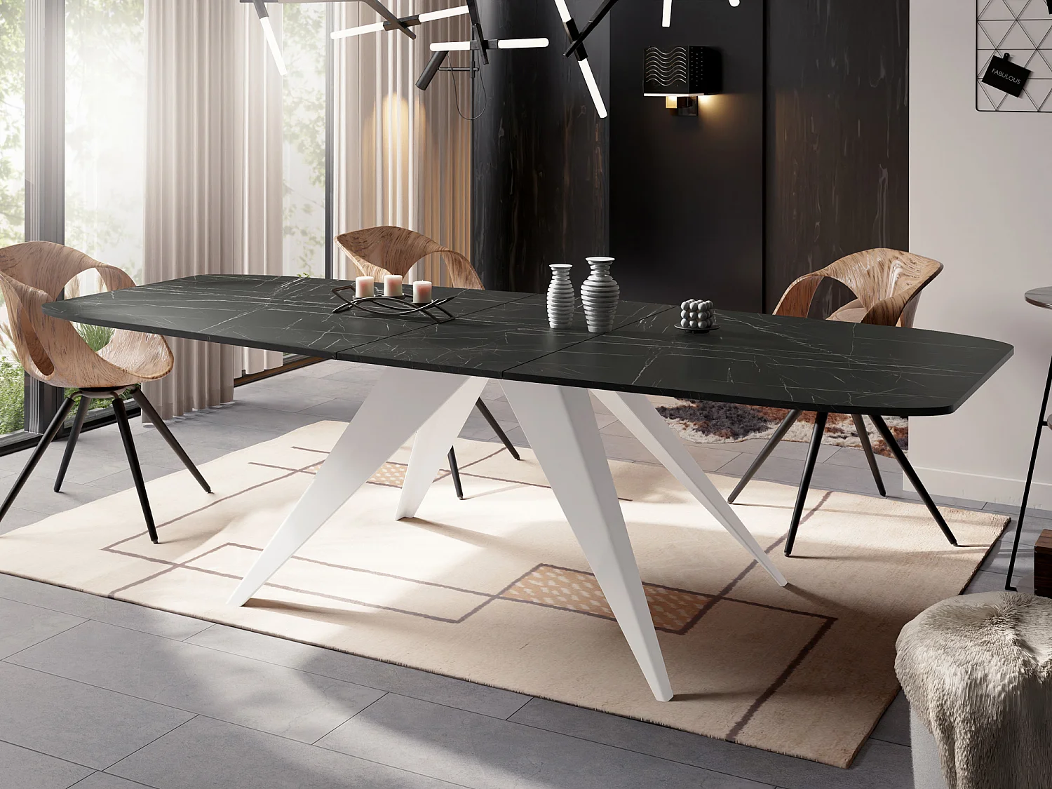 Table à Manger Extensible Style Loft - Table Industrielle avec Pieds Métalliques Blancs - Design Moderne pour Salon - 160 cm extensible à 200 cm - Marbre Noir