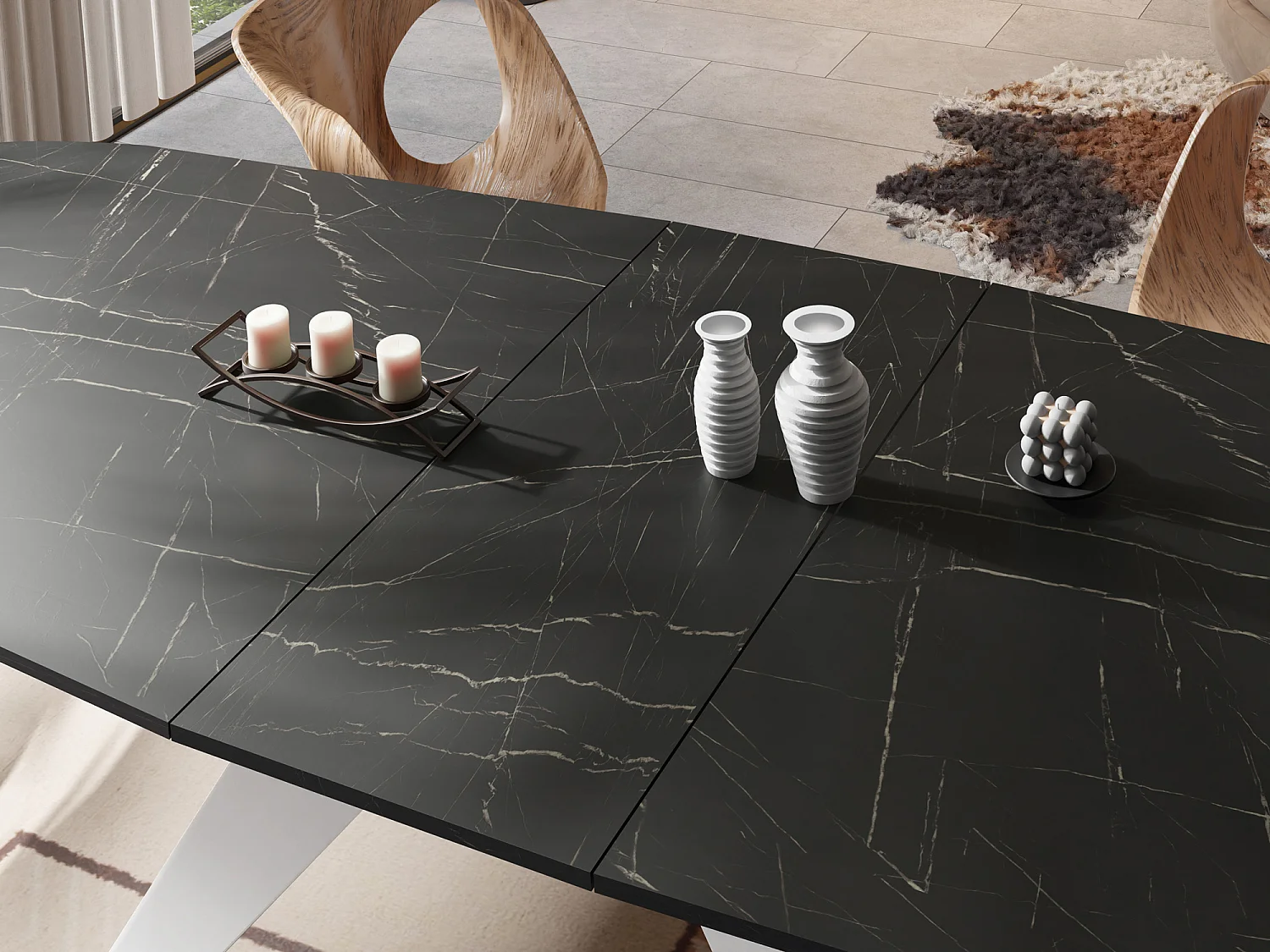 Table à Manger Extensible Style Loft - Table Industrielle avec Pieds Métalliques Blancs - Design Moderne pour Salon - 160 cm extensible à 200 cm - Marbre Noir