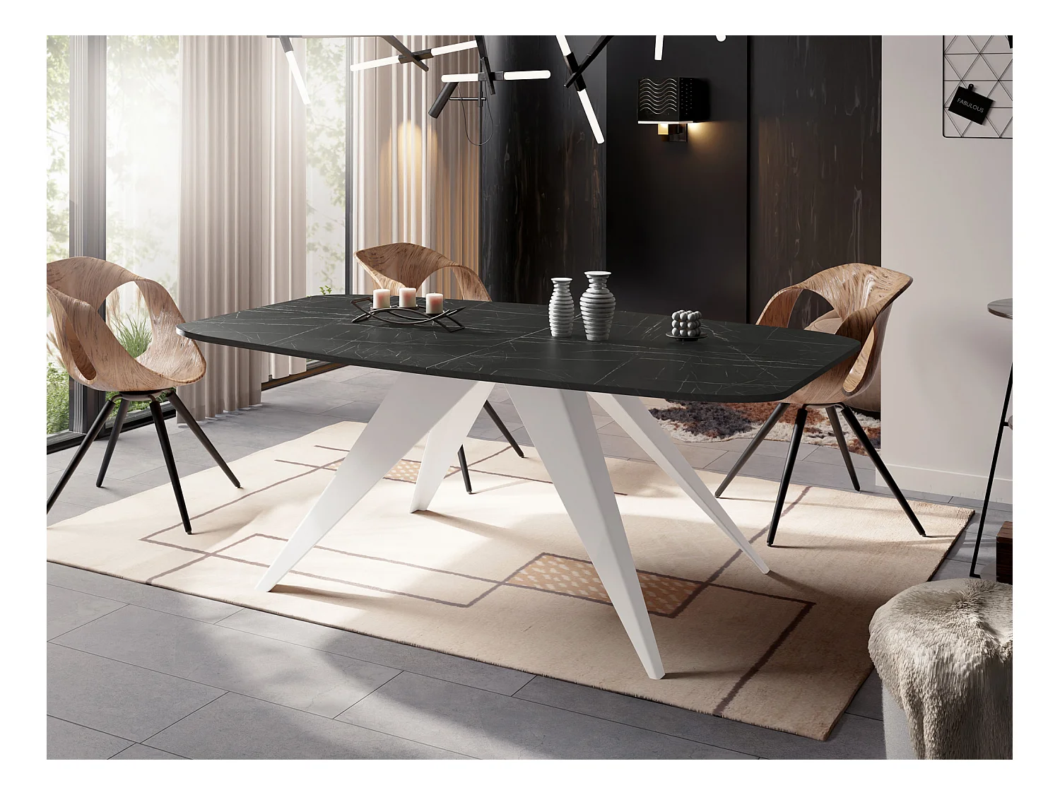 Table à Manger Extensible Style Loft - Table Industrielle avec Pieds Métalliques Blancs - Design Moderne pour Salon - 160 cm extensible à 200 cm - Marbre Noir