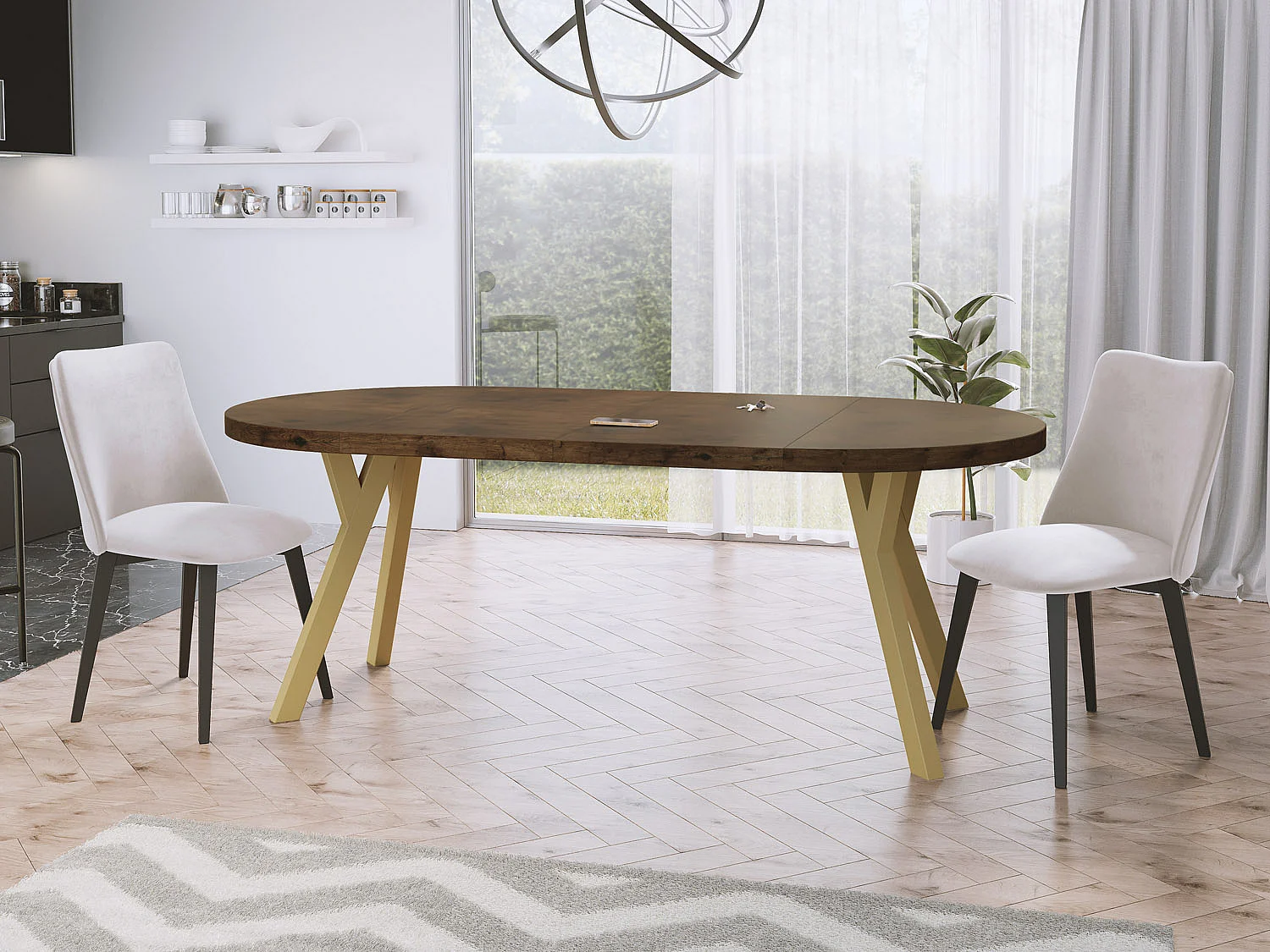 Table à Manger Extensible Ronde Designer- Style Loft, Peu Encombrant - Pieds Doré - 100 à 200 cm - pour 8-10 personnes - Fabriqué en UE - Chêne Lefkas - 200 cm