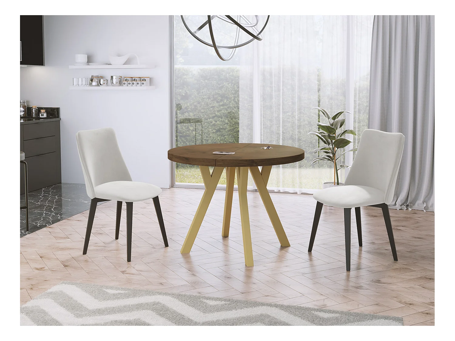 Designer Runder Ausziehbarer Esstisch - Loft-Stil, Platzsparend - Goldene Beine - 100 bis 200 cm - für 6-8 Personen - Hergestellt in EU - Lefkas Eiche - 200 cm
