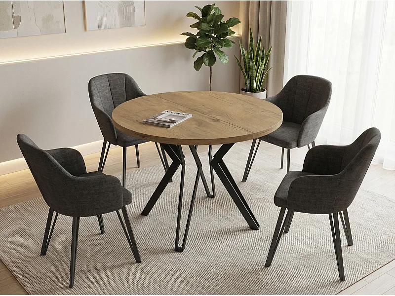 Table Ronde Salle à Manger - 120/196 cm de Diamètre - Table à Rallonges Avec Pieds en Métal Noir - Style Industriel - Compacte - Chêne Lancelot