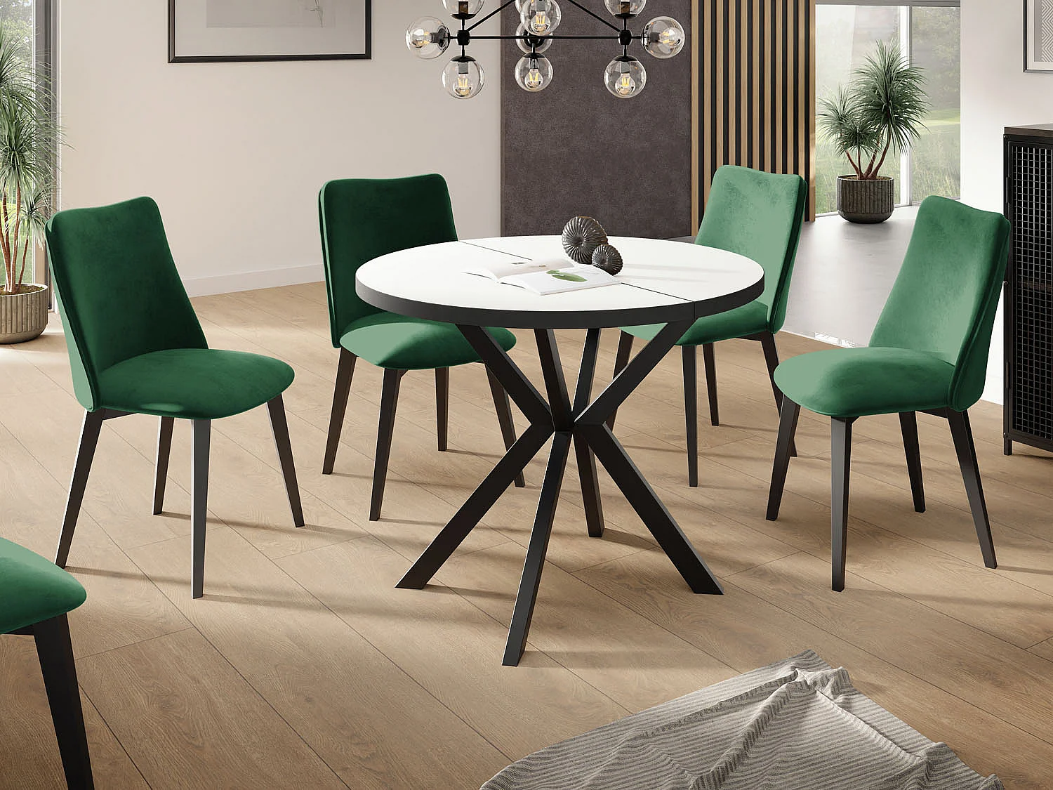 Runder Ausziehbar Tisch für das Esszimmer - Tischrand Schwarzes Dekor - 100 oder 120 cm - Ausziehbarer Tisch mit Schwarzen Metallbeinen - 120 cm - Weiß