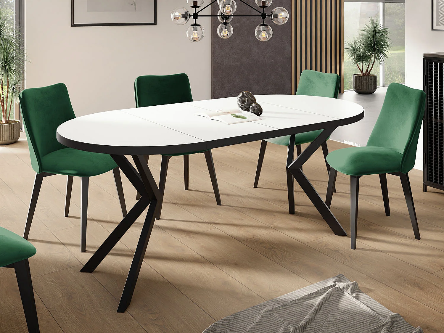 Runder Ausziehbar Tisch für das Esszimmer - Tischrand Schwarzes Dekor - 100 oder 120 cm - Ausziehbarer Tisch mit Schwarzen Metallbeinen - 120 cm - Weiß