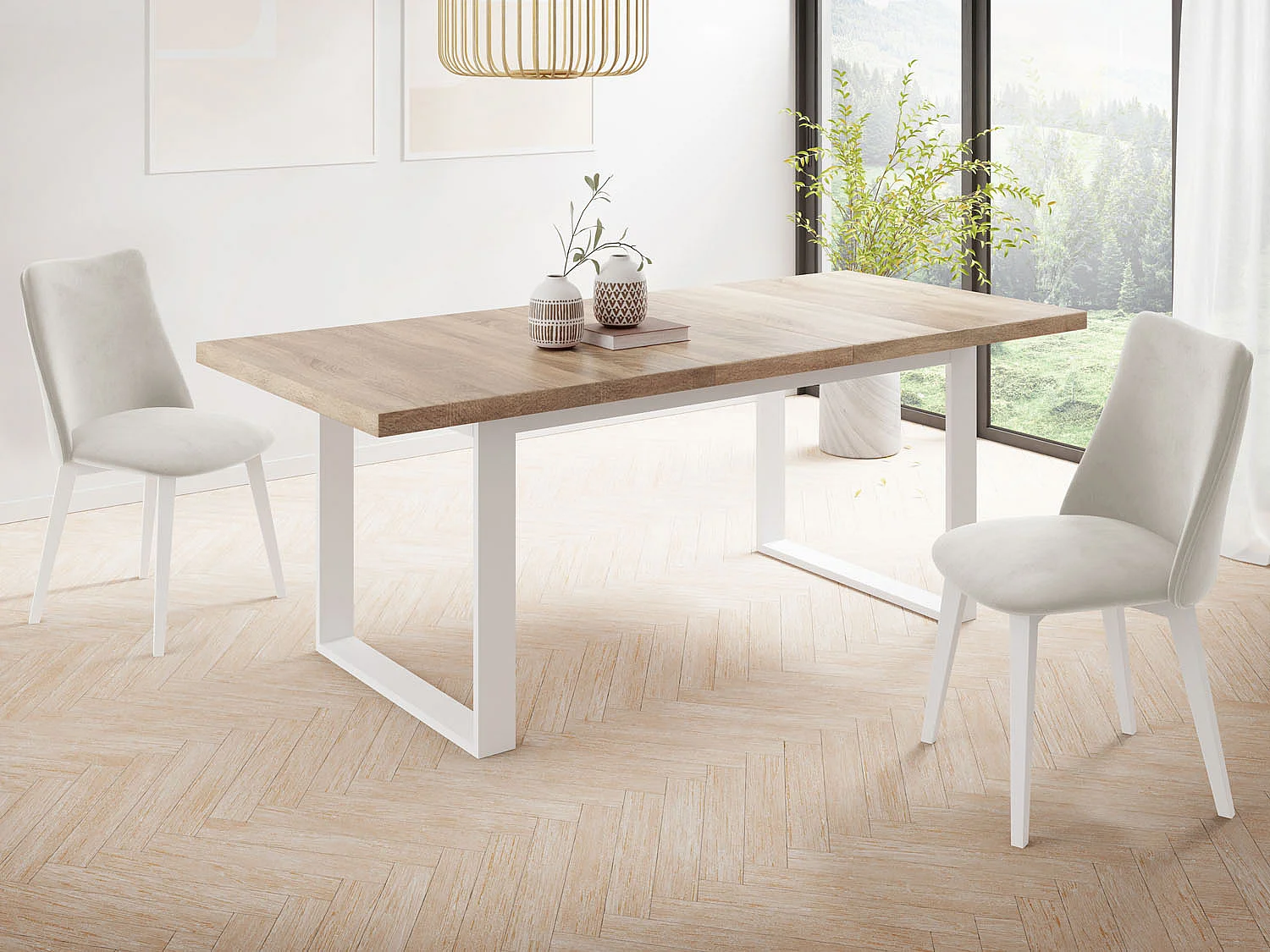 Rechteckiger Loft Esstisch Für Wohnzimmer - Loft Stil Esstisch Mit Weißen Metallfüßen - Ausziehbarer von 160 cm bis 240 cm - Made in EU - Sonoma Eiche