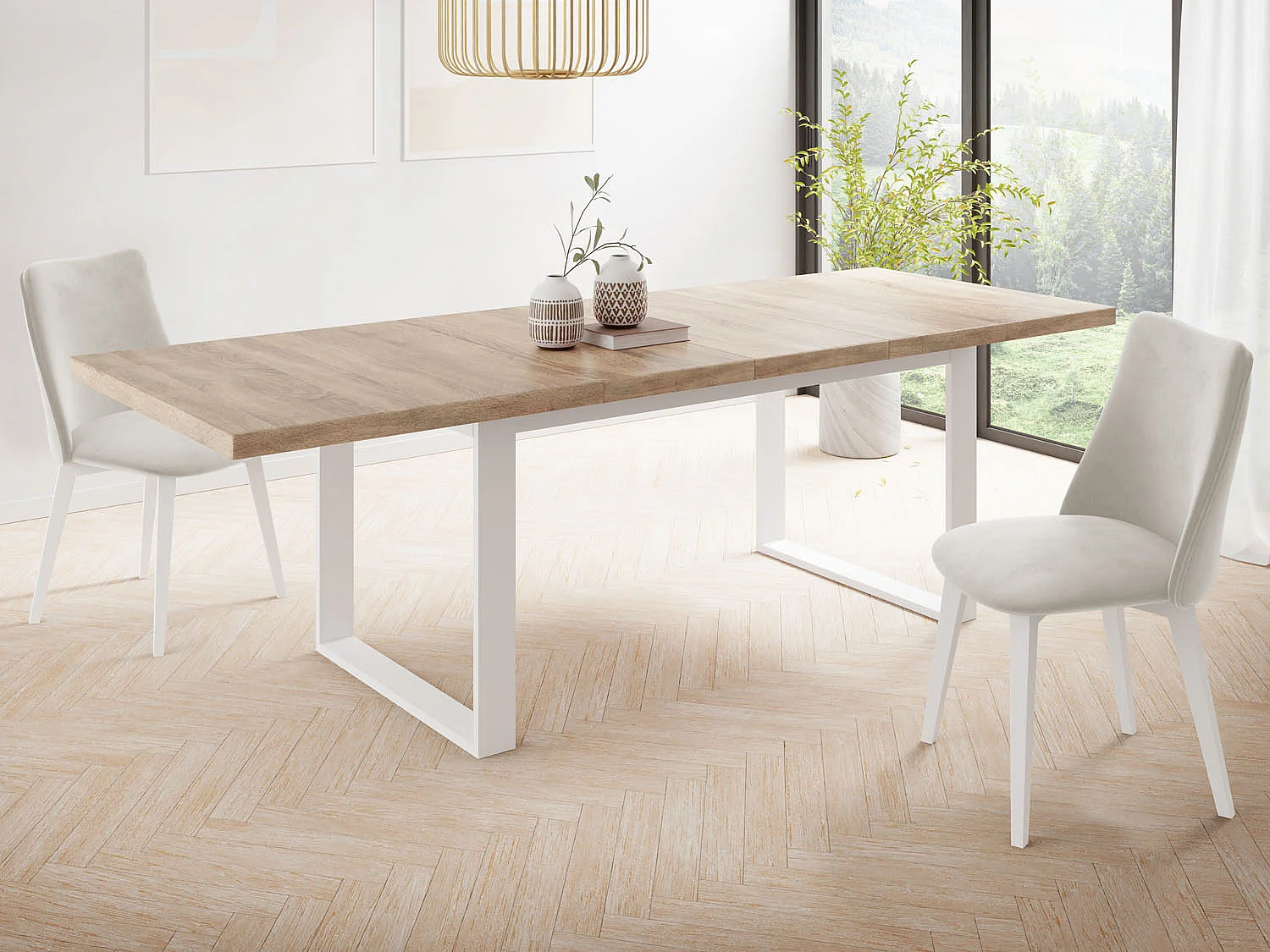 Rechteckiger Loft Esstisch Für Wohnzimmer - Loft Stil Esstisch Mit Weißen Metallfüßen - Ausziehbarer von 160 cm bis 240 cm - Made in EU - Sonoma Eiche