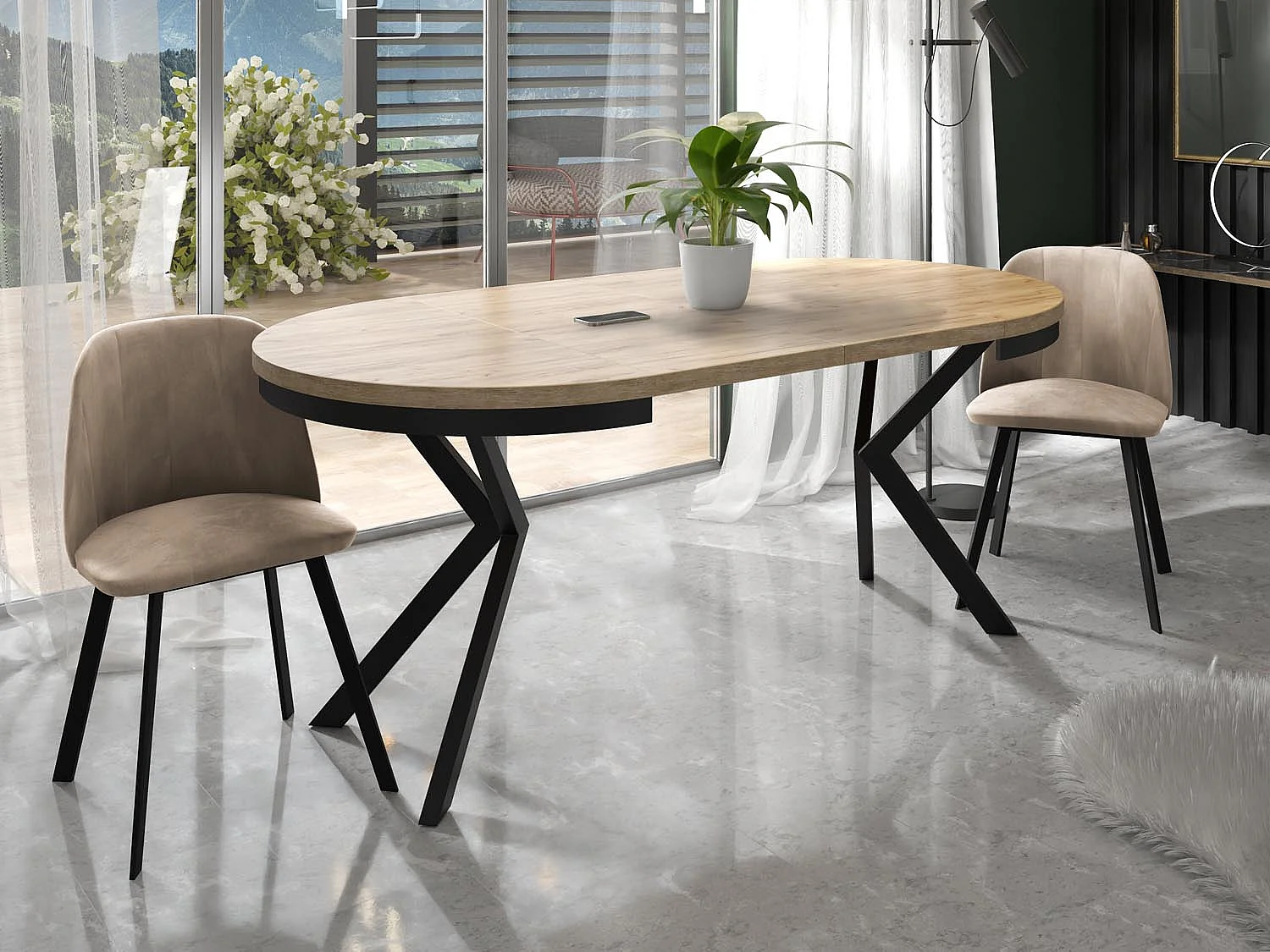 Runder Ausziehbarer Esstisch - Loft Style Tisch mit Metallbeinen - 120 bis 200 cm - Industrieller Tisch für Wohnzimmer - Kompakt - 120 cm - Craft Eiche