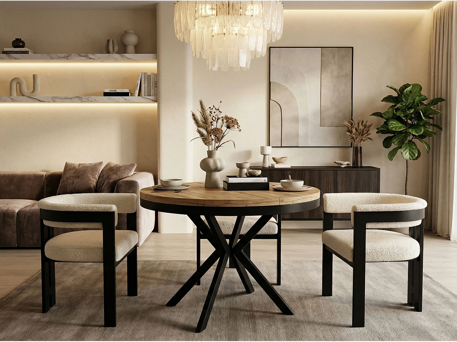 Runder Ausziehbarer Esstisch - Loft Style Tisch mit Metallbeinen - 120 bis 200 cm - Industrieller Tisch für Wohnzimmer - Kompakt - 120 cm - Craft Eiche