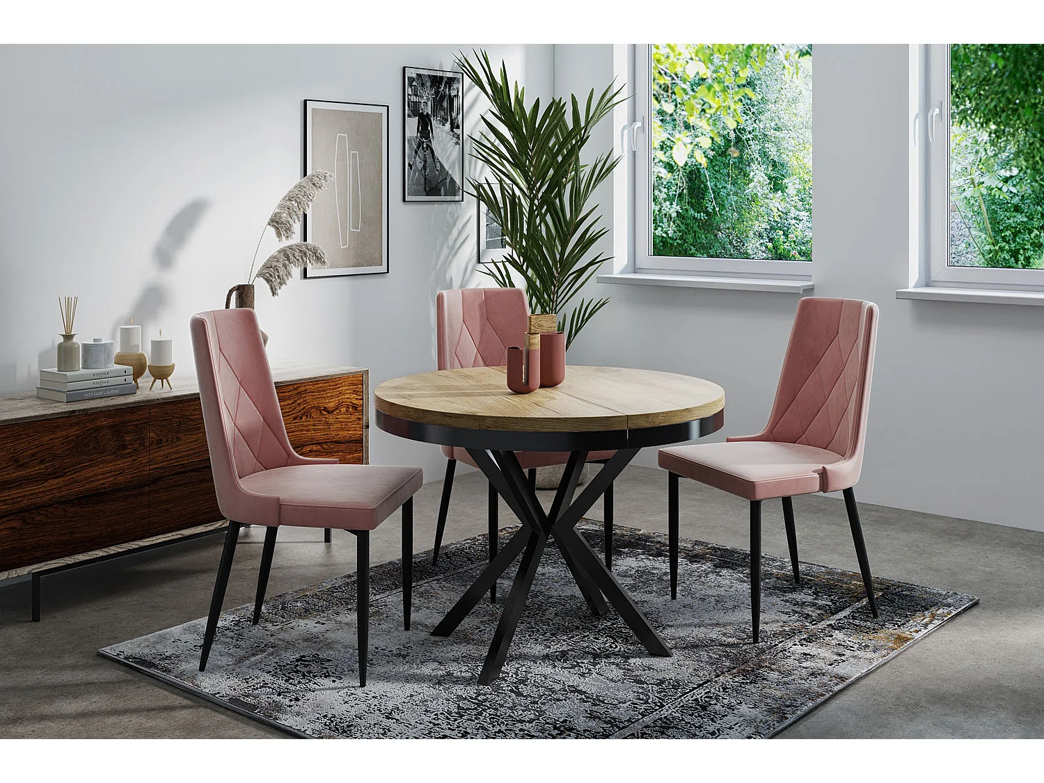 Runder Ausziehbarer Esstisch - Loft Style Tisch mit Metallbeinen - 120 bis 200 cm - Industrieller Tisch für Wohnzimmer - Kompakt - 120 cm - Craft Eiche