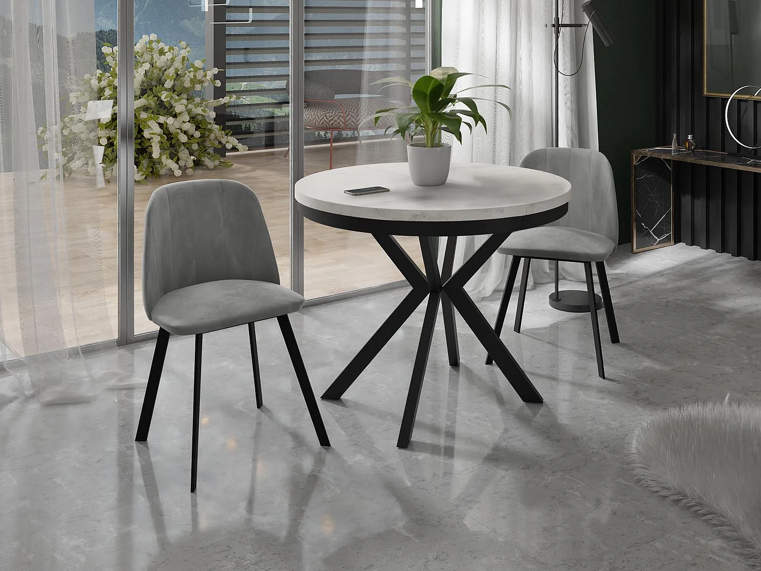 Runder Ausziehbarer Esstisch - Loft Style Tisch mit Metallbeinen - 90 bis 170 cm - Industrieller Tisch für Wohnzimmer - Kompakt - 90 cm - Marmor Weiß