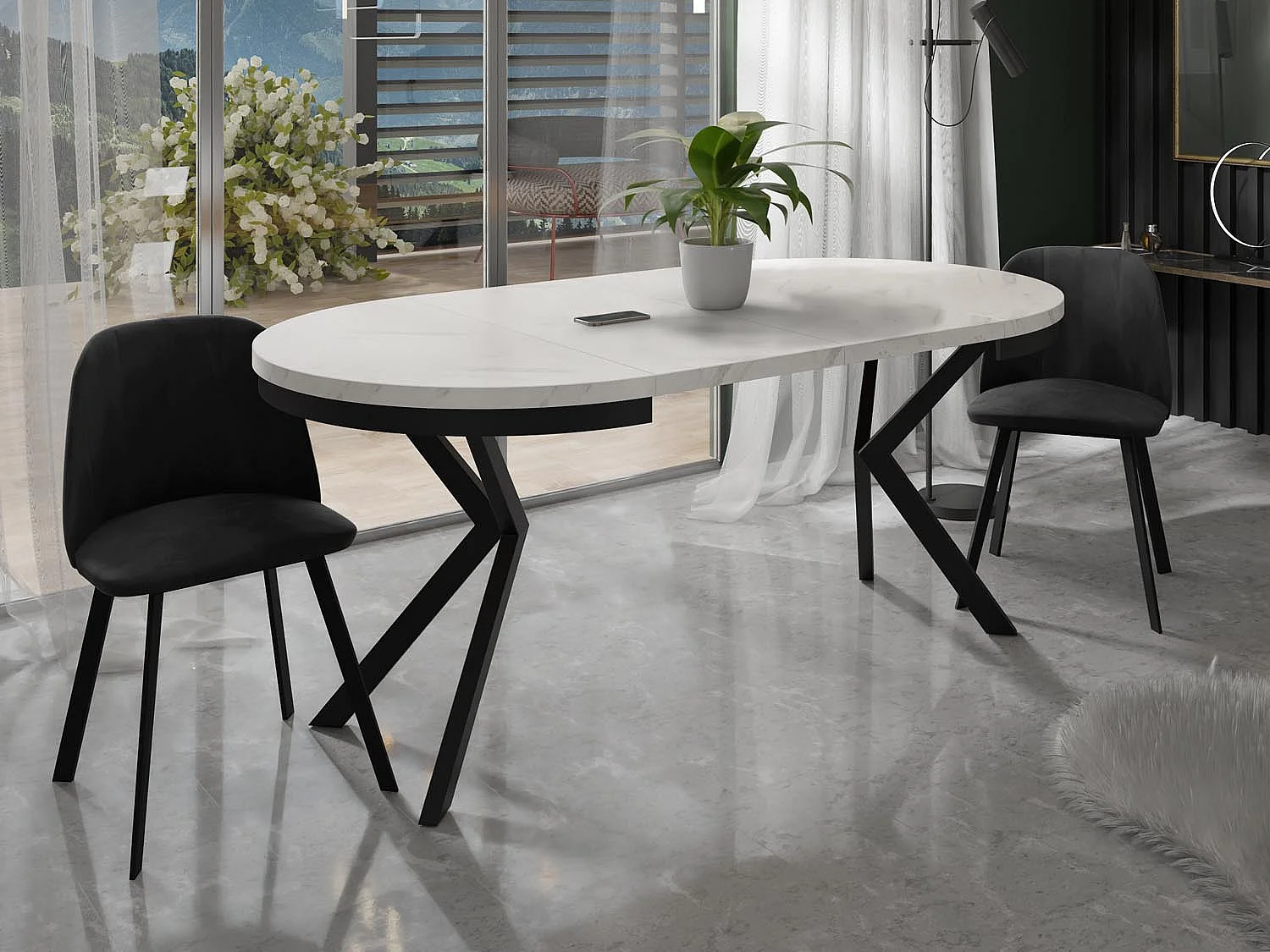 Table à Manger Extensible Ronde - Table Style Loft Avec Pieds en Métal - 90 à 170 cm - Table Ronde Style Industriel Pour le Salon - Marbre Blanc - 90 cm