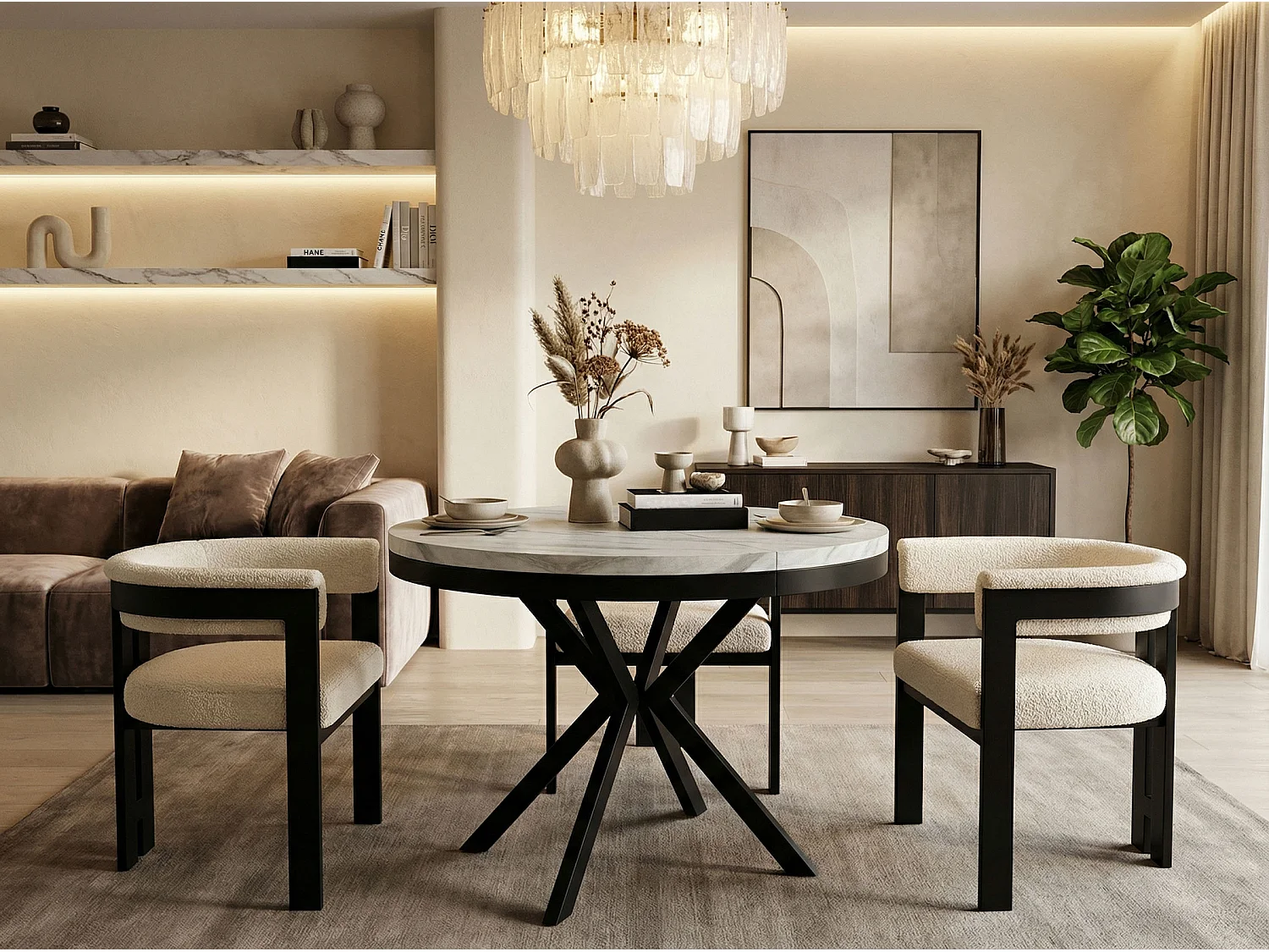 Runder Ausziehbarer Esstisch - Loft Style Tisch mit Metallbeinen - 90 bis 170 cm - Industrieller Tisch für Wohnzimmer - Kompakt - 90 cm - Marmor Weiß
